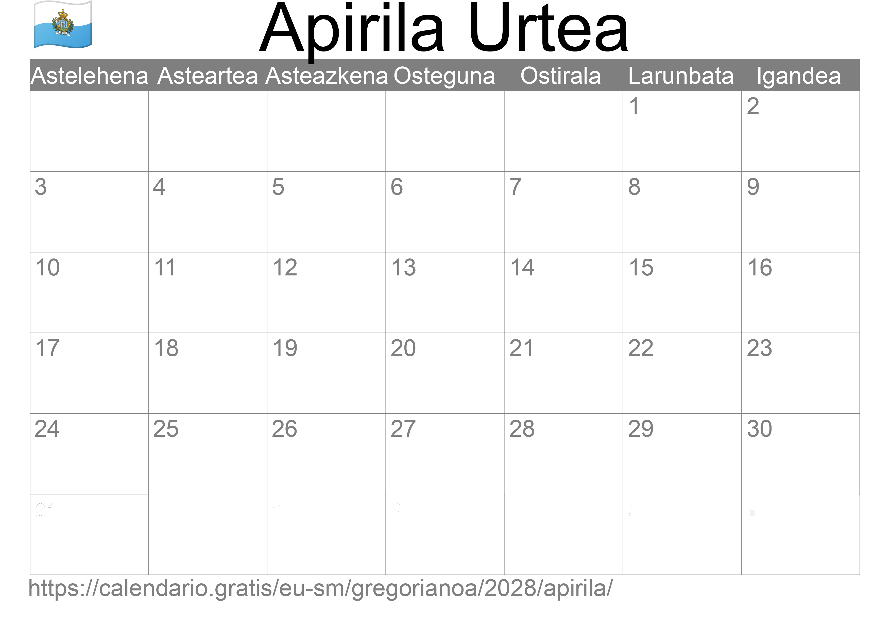 2028ko Apirila egutegia inprimatzeko