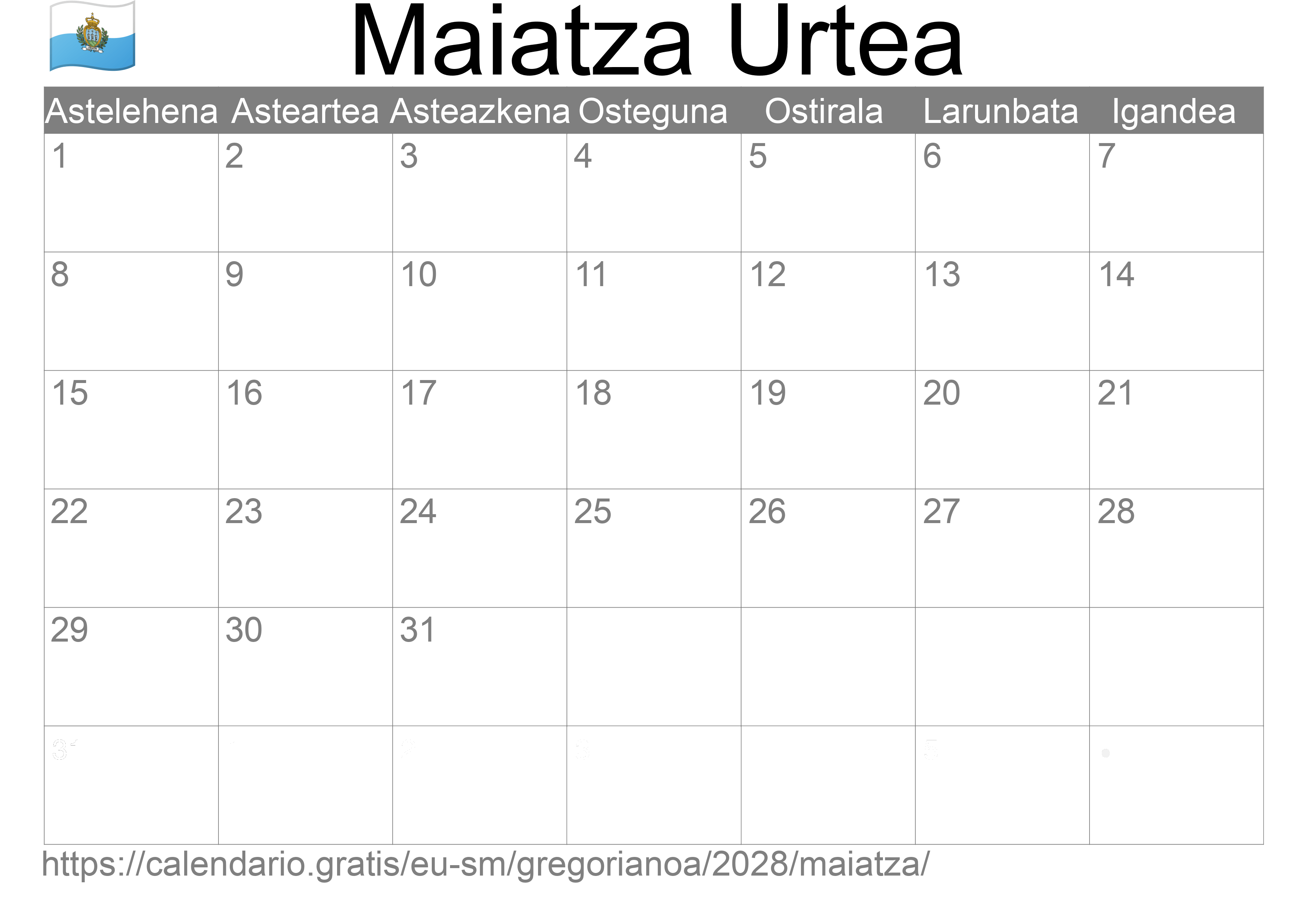 2028ko Maiatza egutegia inprimatzeko