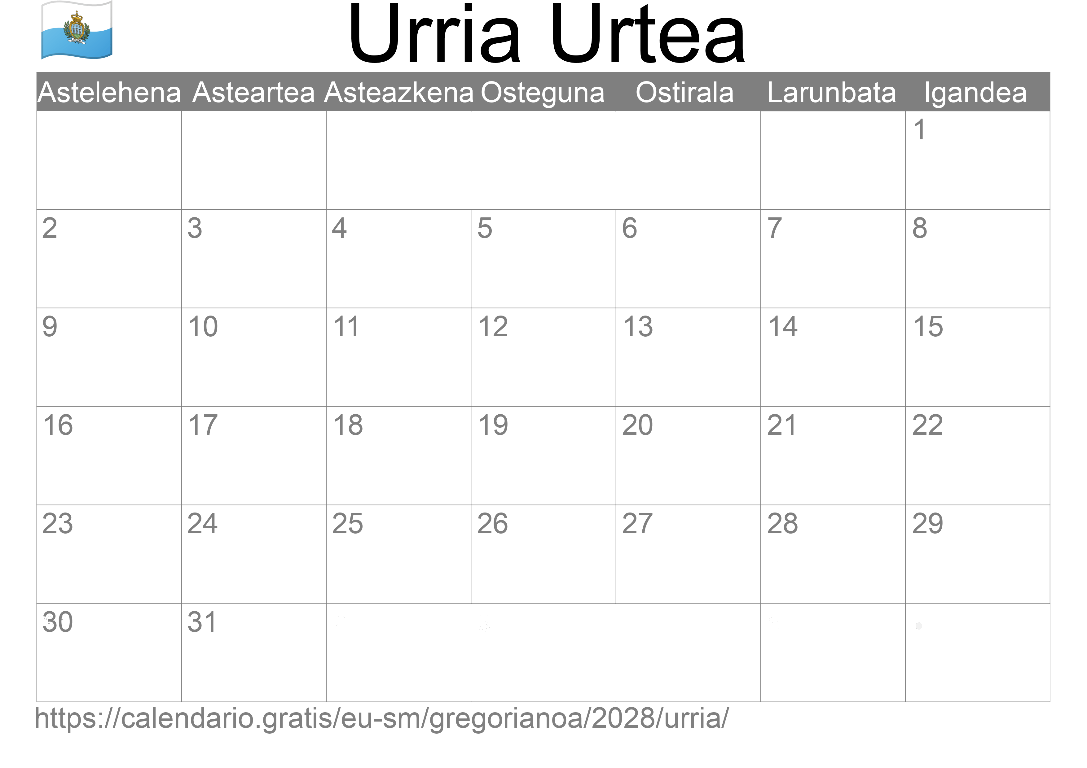 2028ko Urria egutegia inprimatzeko