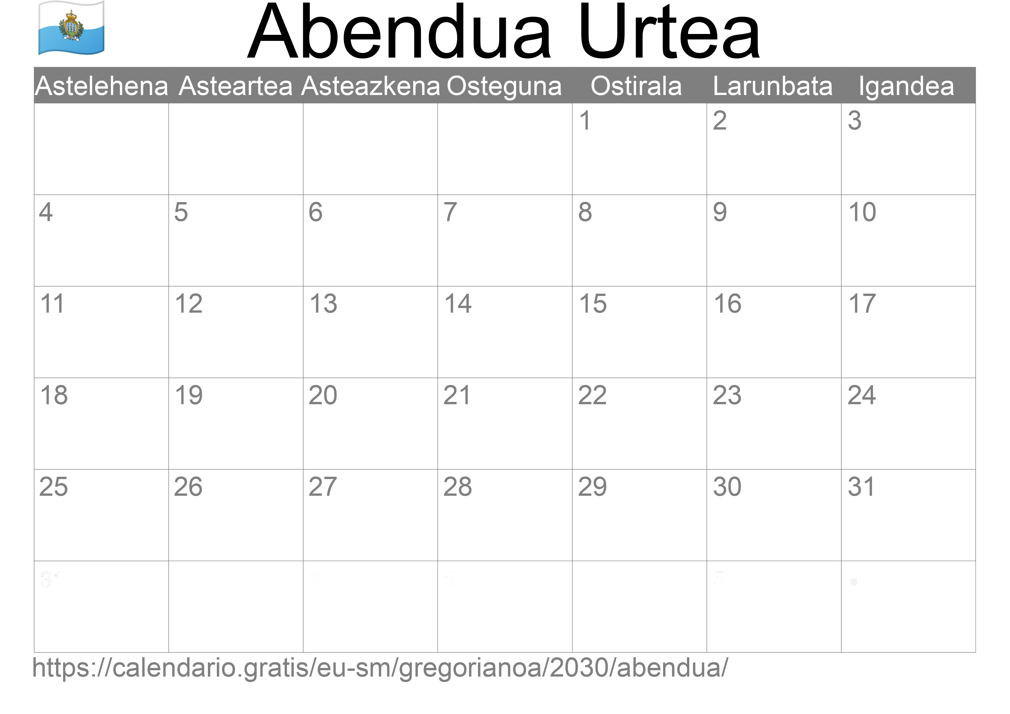 2030ko Abendua egutegia inprimatzeko