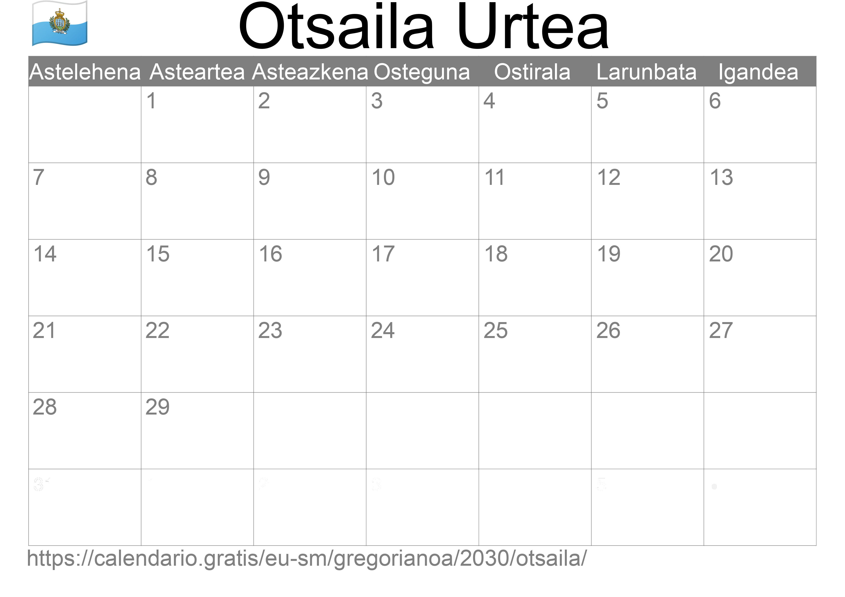 2030ko Otsaila egutegia inprimatzeko