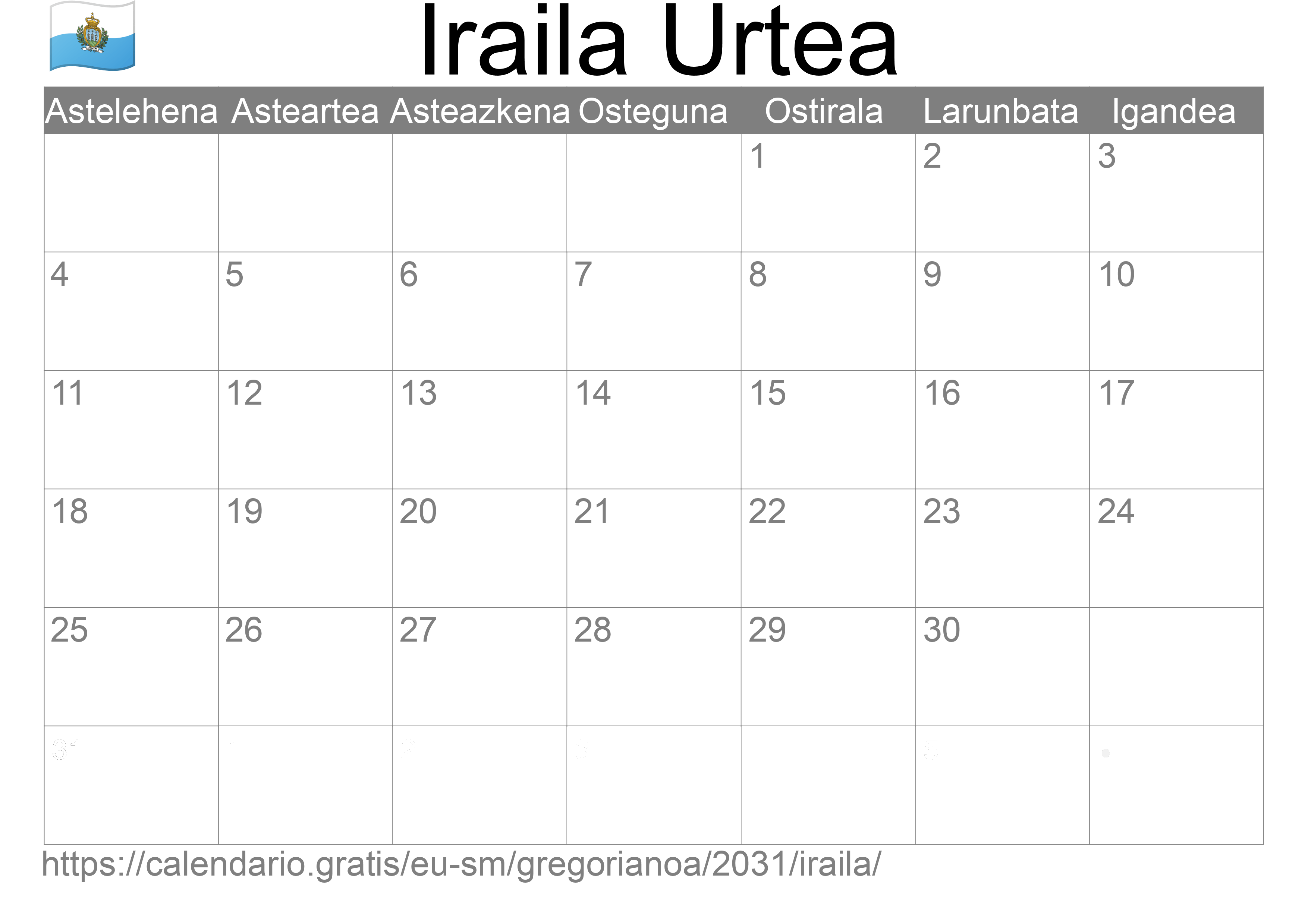 2031ko Iraila egutegia inprimatzeko