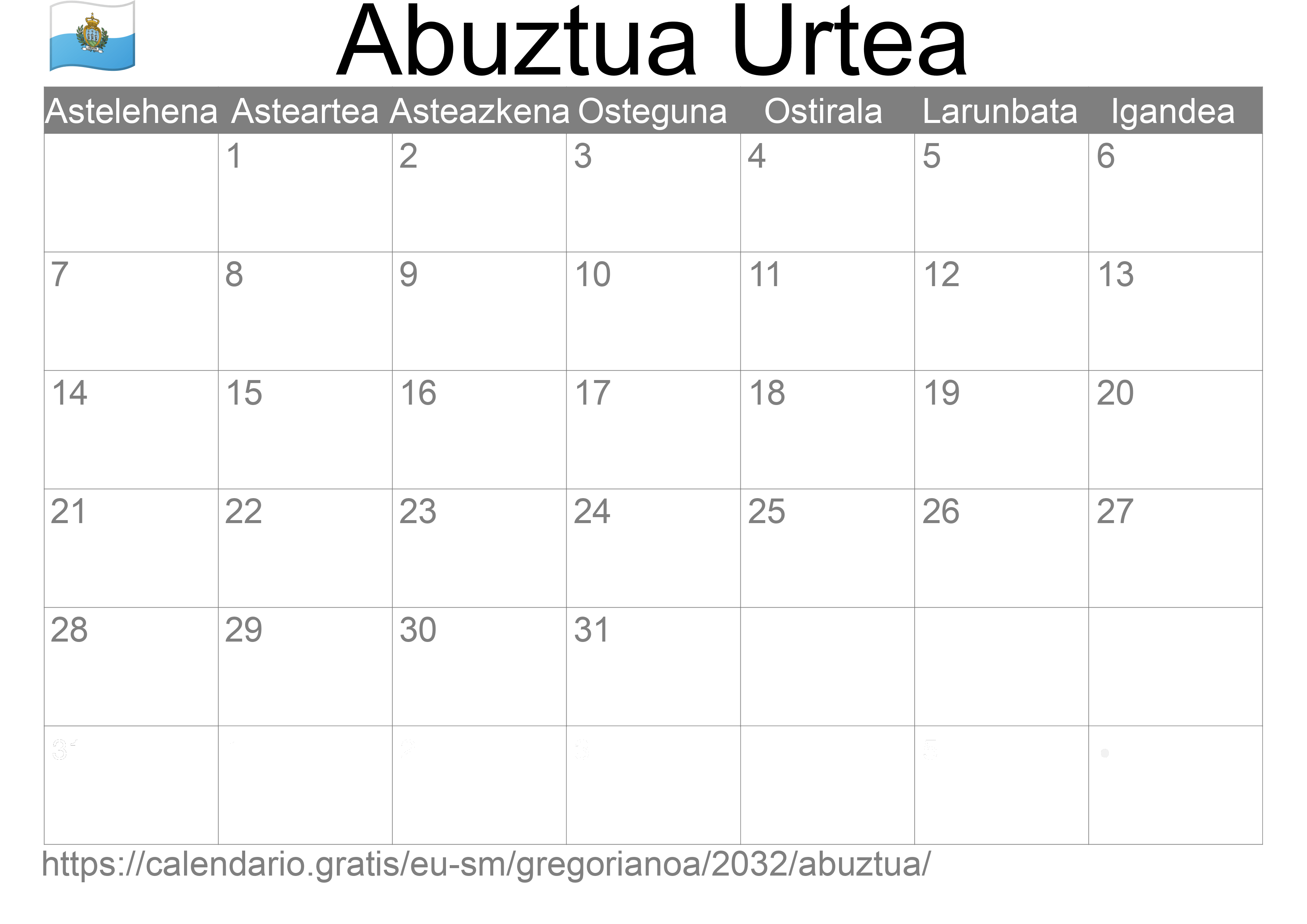 2032ko Abuztua egutegia inprimatzeko