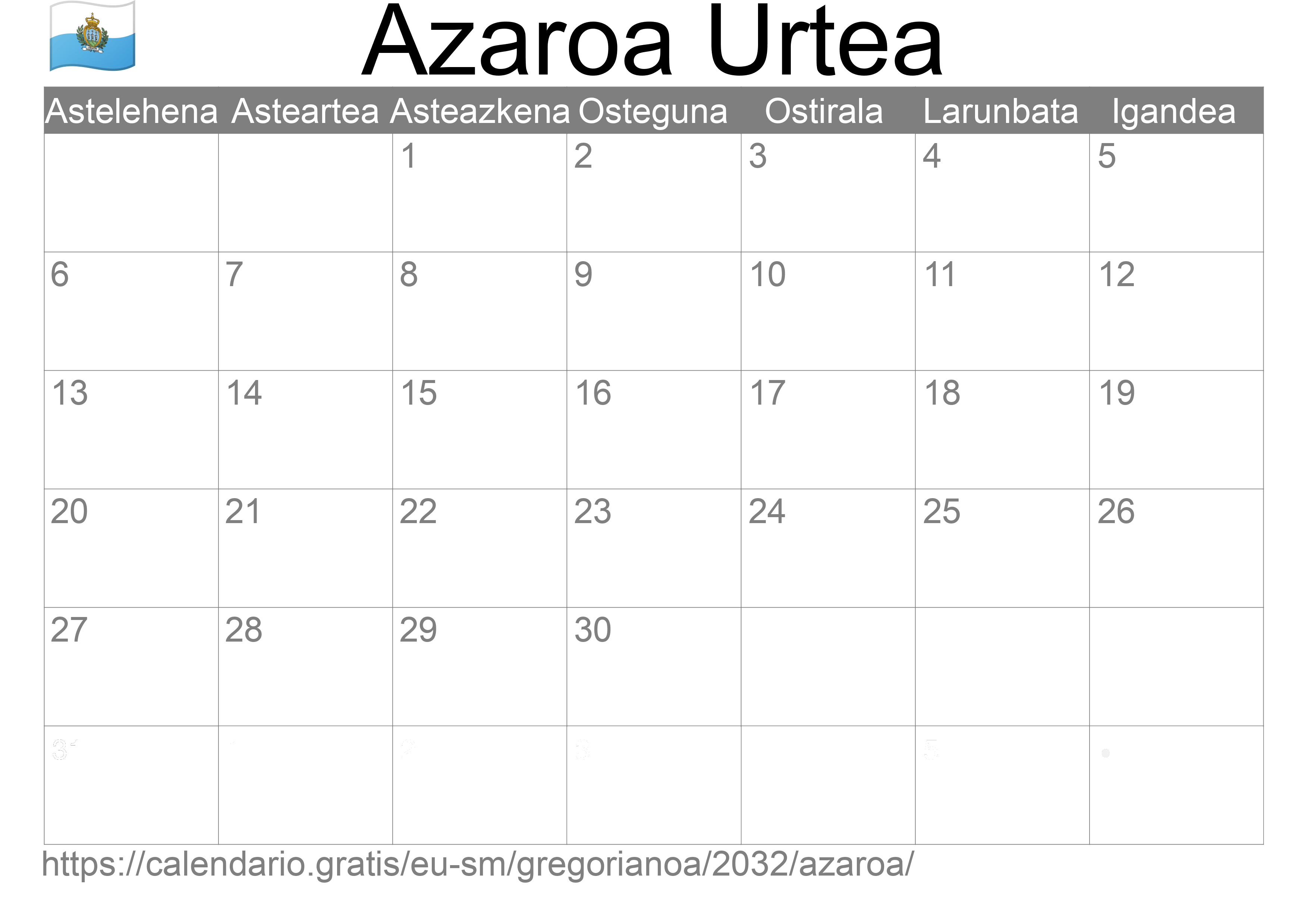 2032ko Azaroa egutegia inprimatzeko