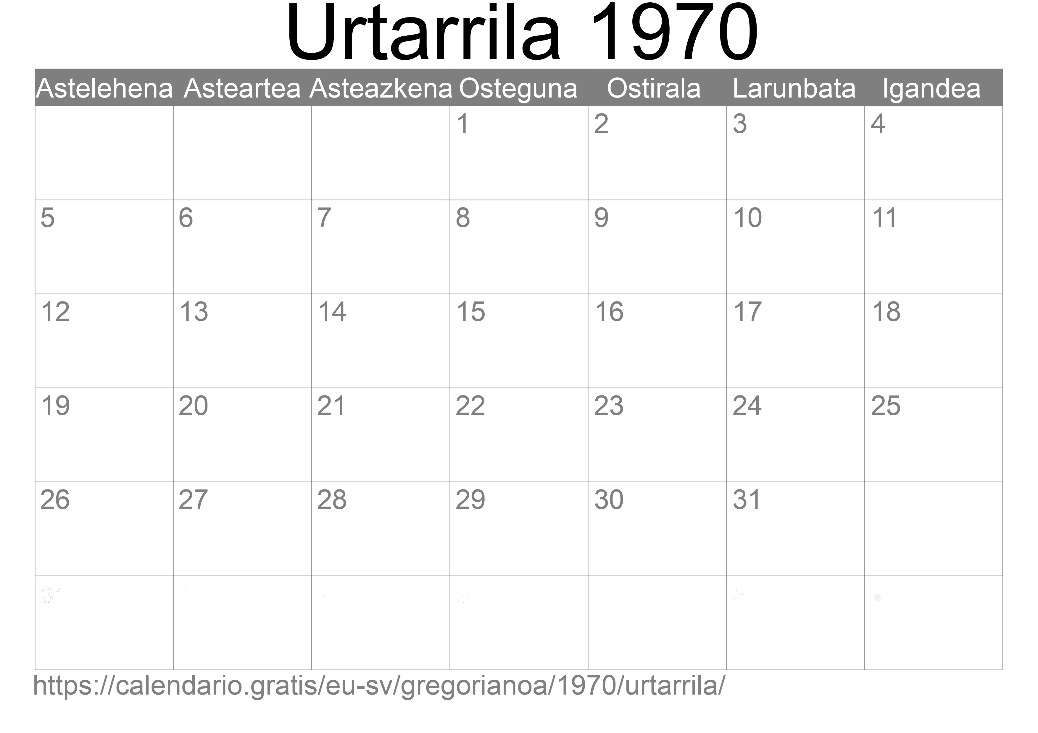 1970ko Urtarrila egutegia inprimatzeko (El Salvador)