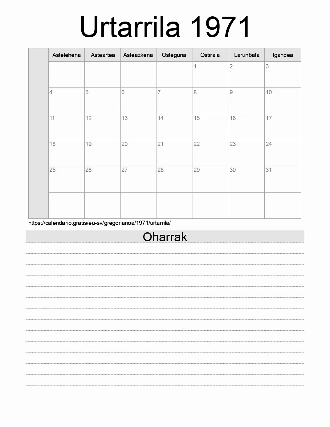 Inprimatzeko Urtarrila 1971 egutegia, oharrekin. (El Salvador)