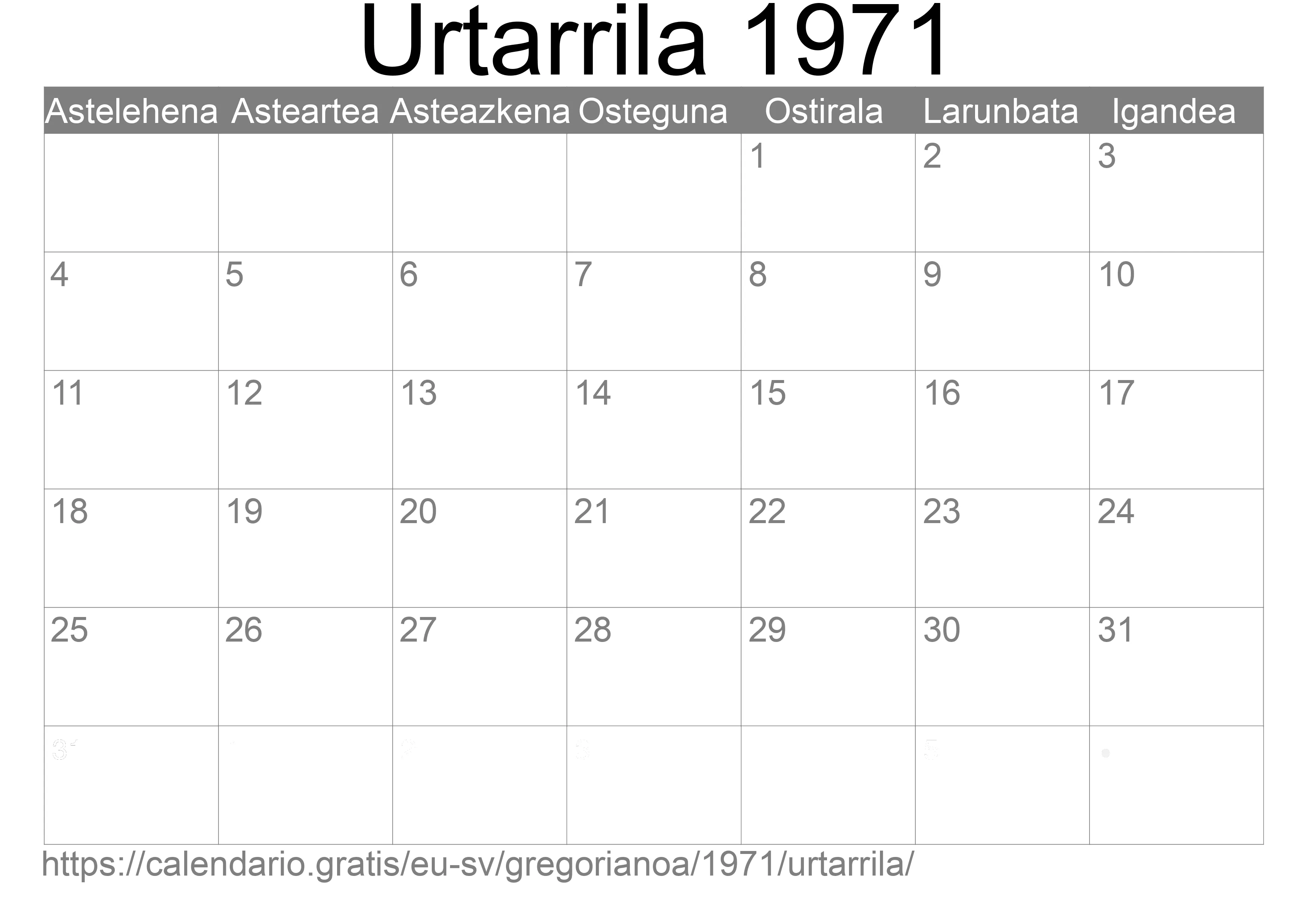 1971ko Urtarrila egutegia inprimatzeko (El Salvador)