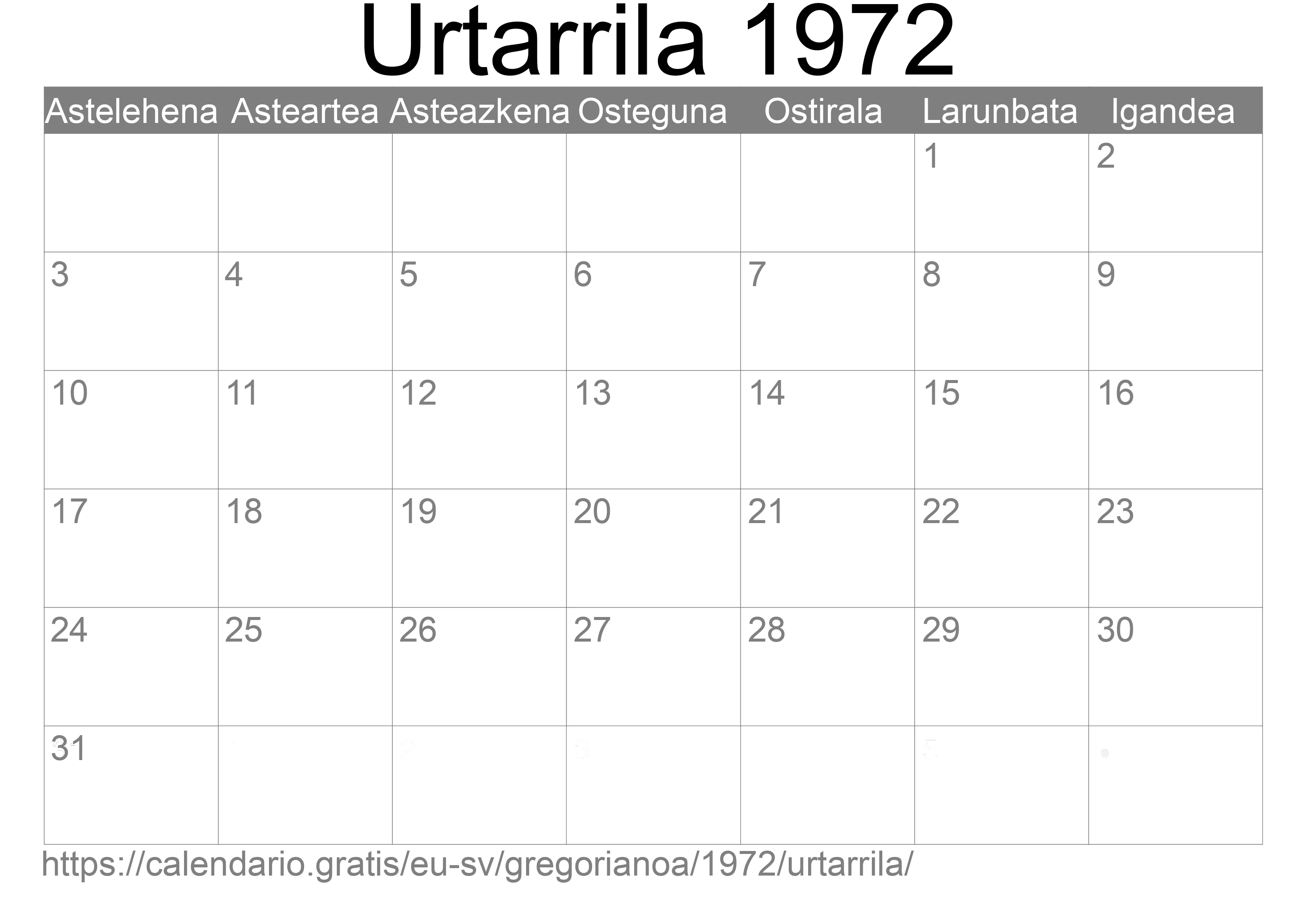 1972ko Urtarrila egutegia inprimatzeko (El Salvador)
