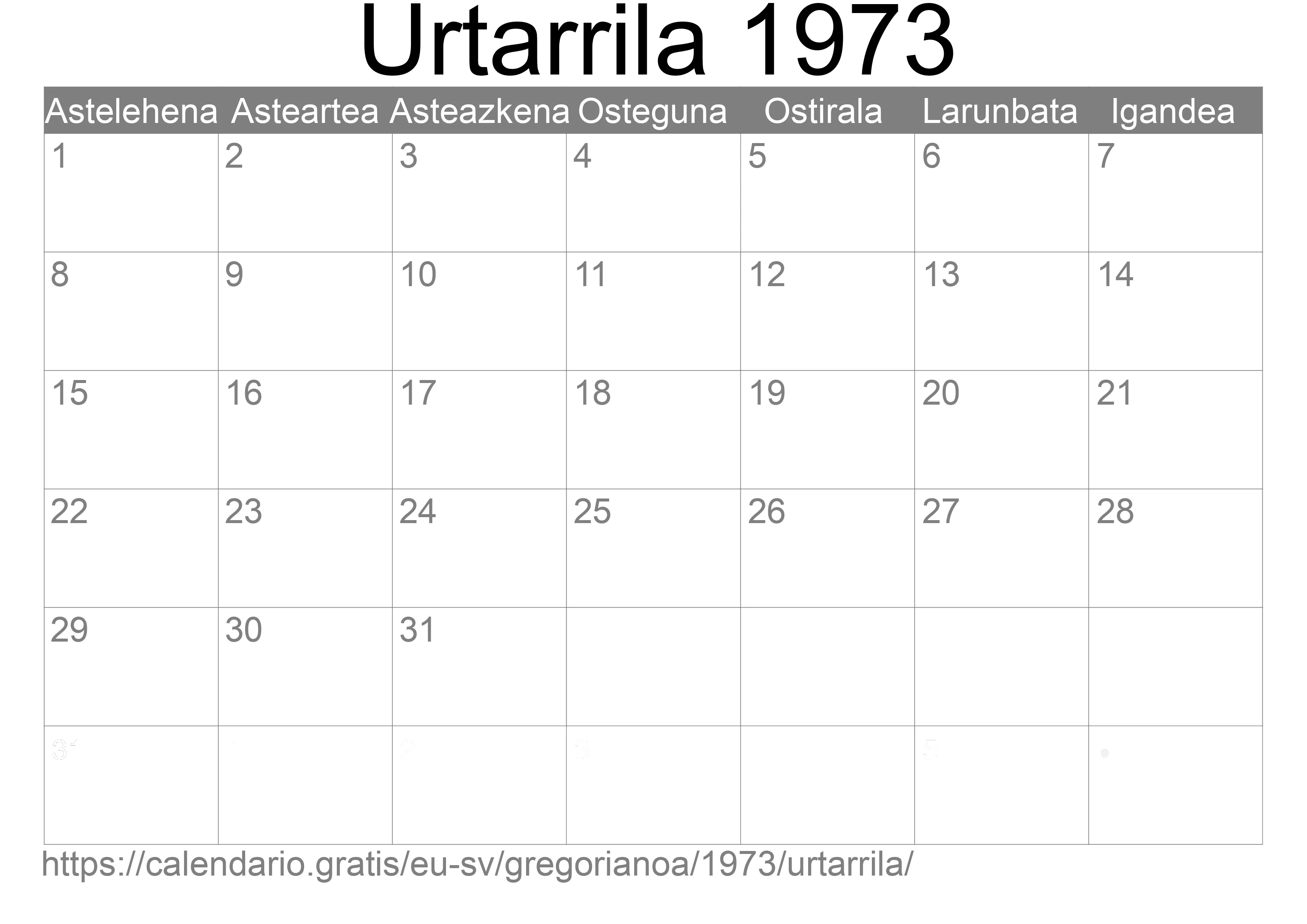 1973ko Urtarrila egutegia inprimatzeko (El Salvador)