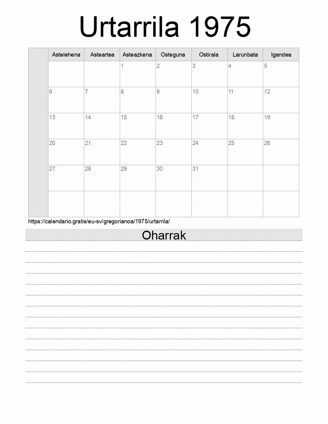Inprimatzeko Urtarrila 1975 egutegia, oharrekin. (El Salvador)