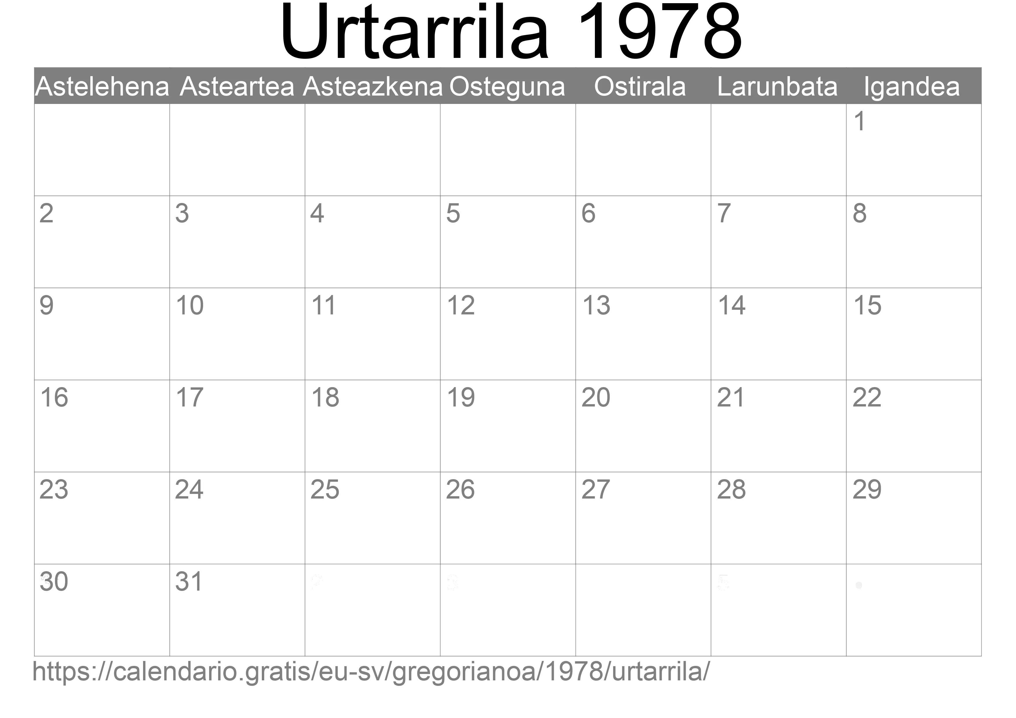 1978ko Urtarrila egutegia inprimatzeko (El Salvador)