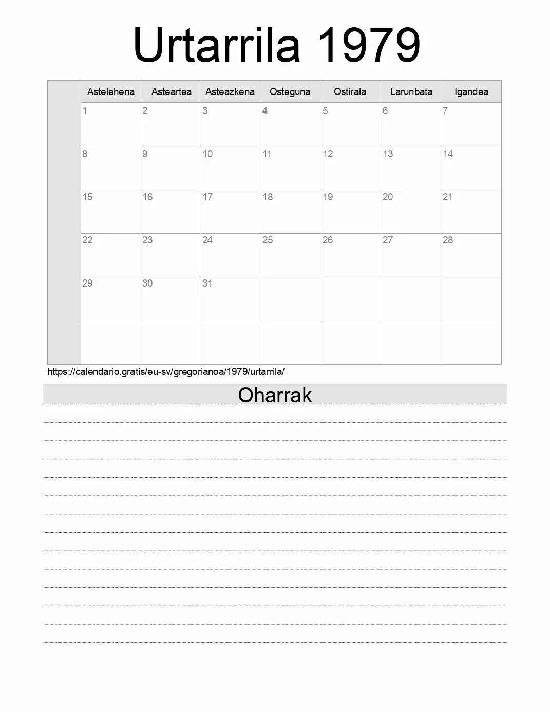 Inprimatzeko Urtarrila 1979 egutegia, oharrekin. (El Salvador)