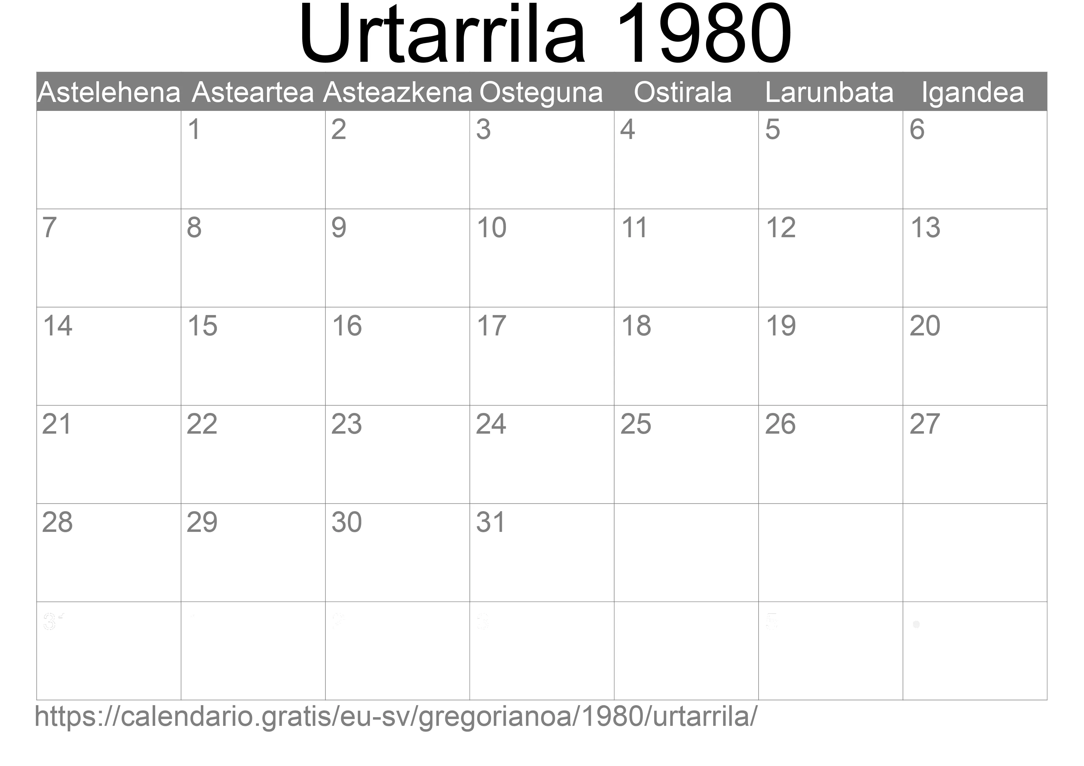 1980ko Urtarrila egutegia inprimatzeko (El Salvador)