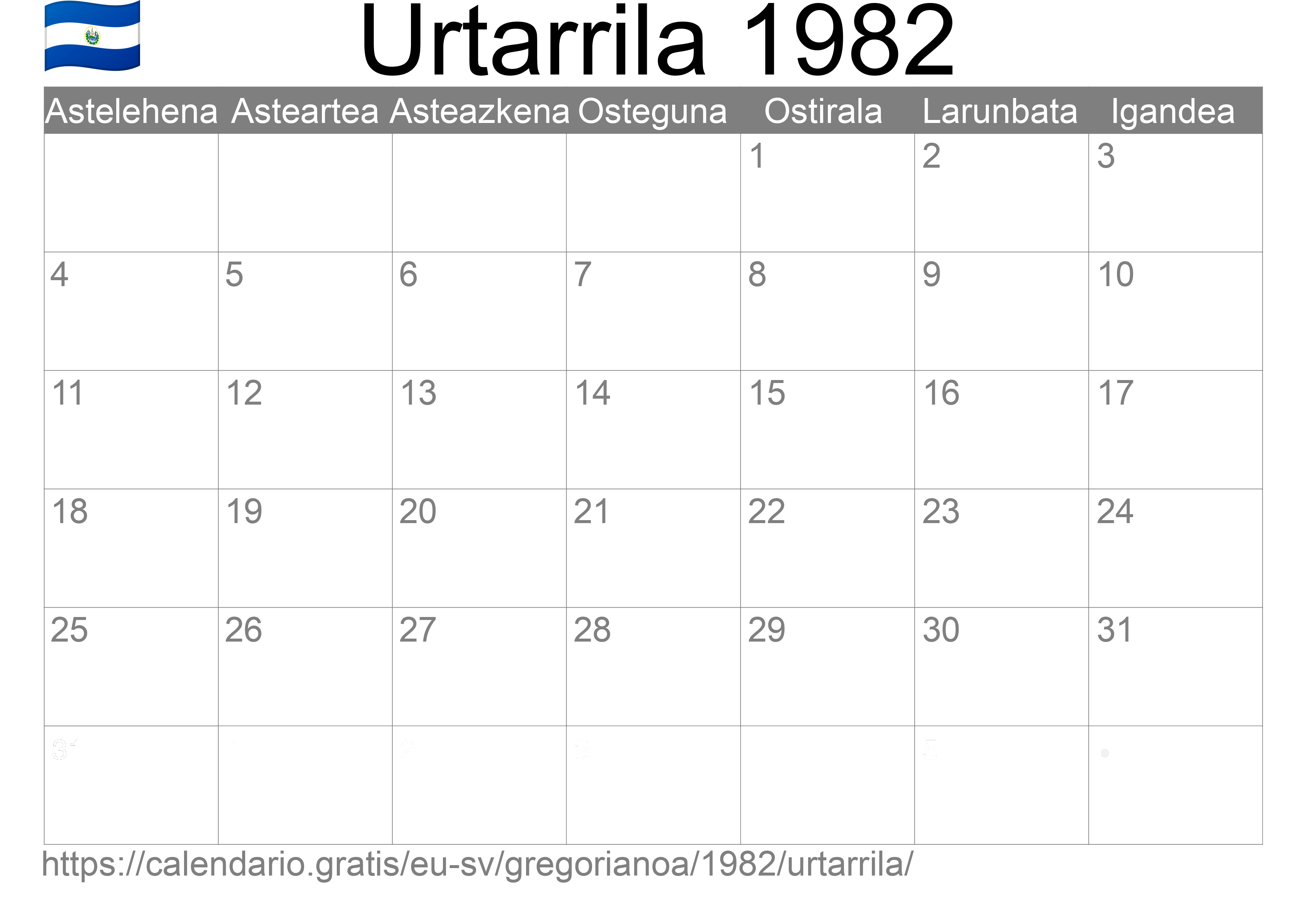 1982ko Urtarrila egutegia inprimatzeko