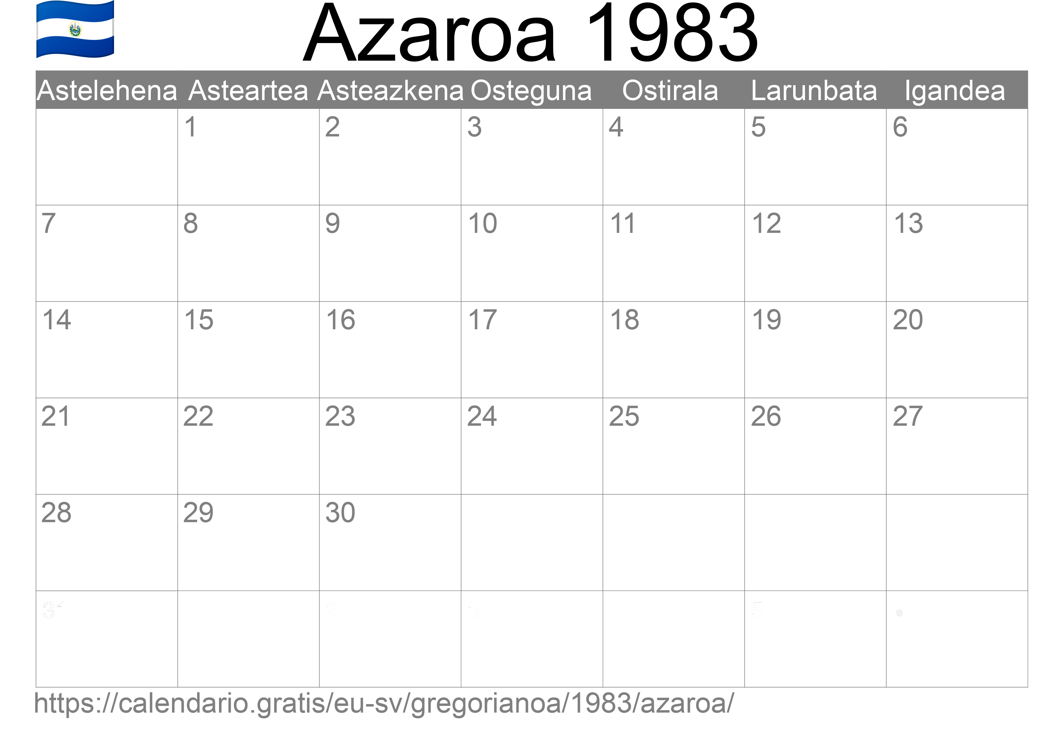 1983ko Azaroa egutegia inprimatzeko