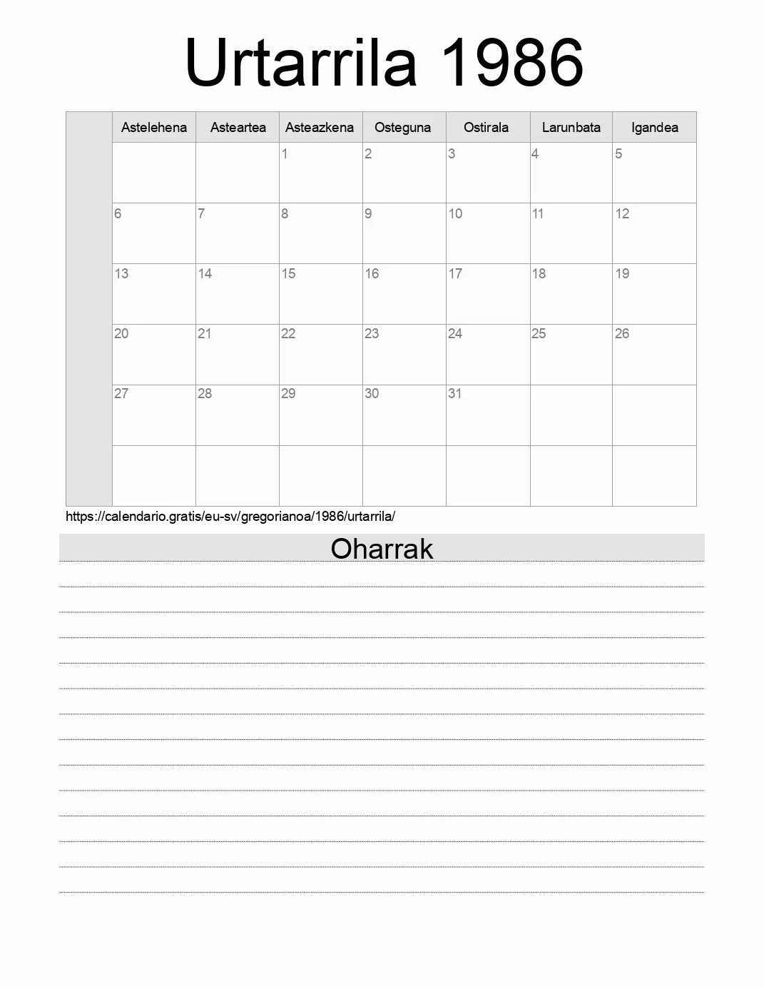 Inprimatzeko Urtarrila 1986 egutegia, oharrekin. (El Salvador)