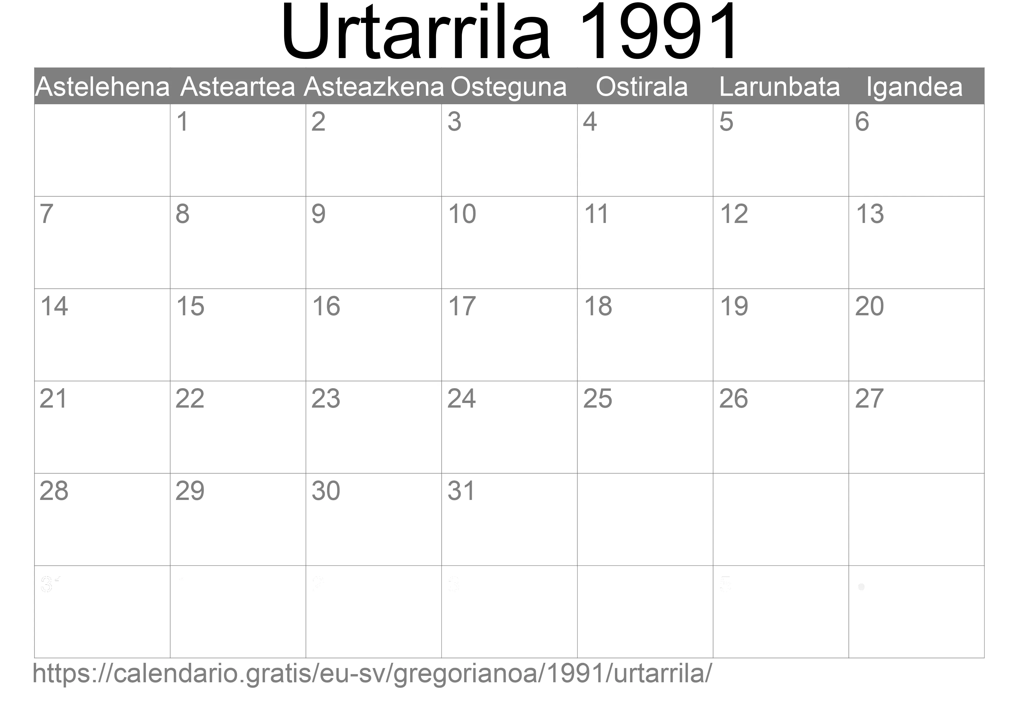 1991ko Urtarrila egutegia inprimatzeko (El Salvador)