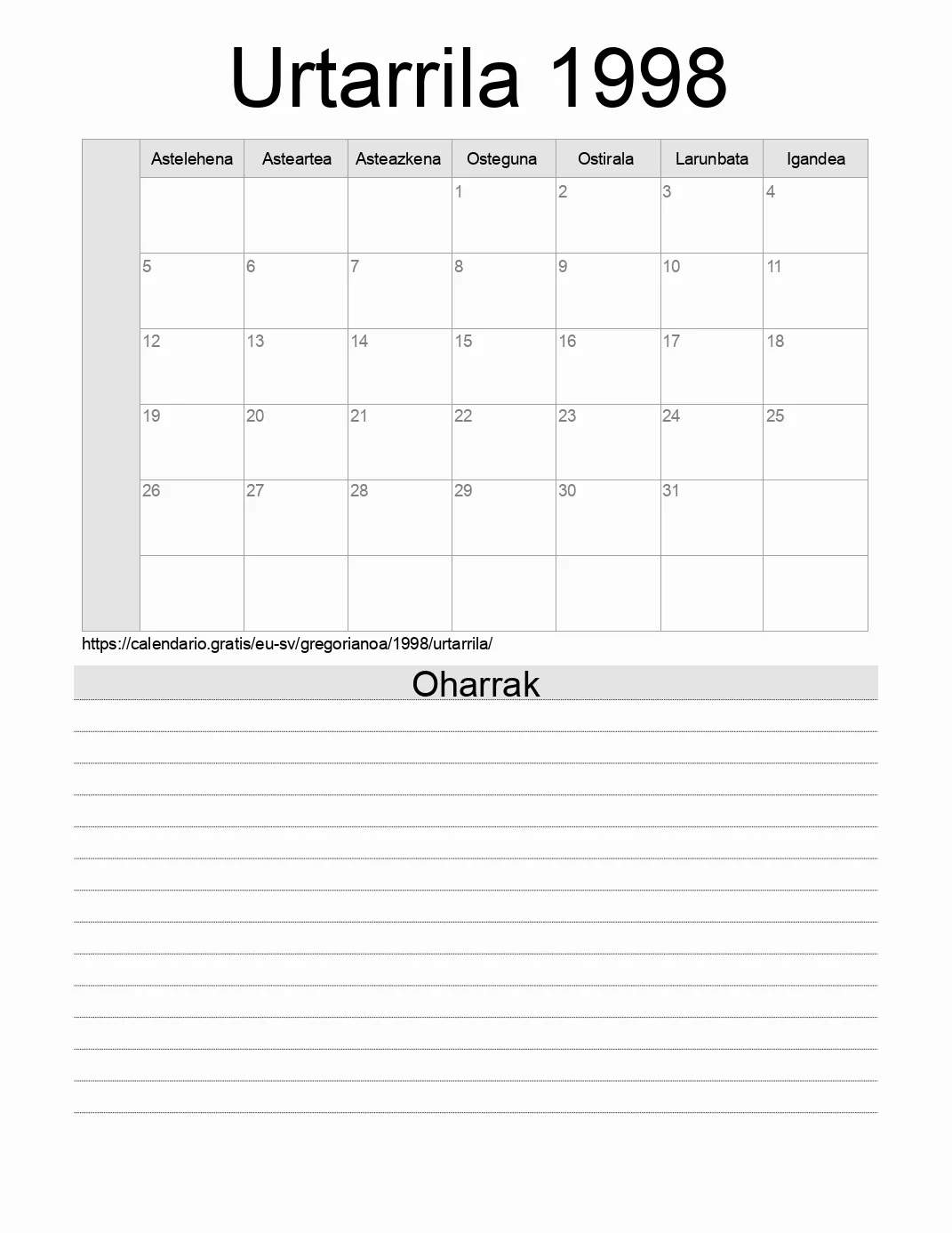 Inprimatzeko Urtarrila 1998 egutegia, oharrekin. (El Salvador)