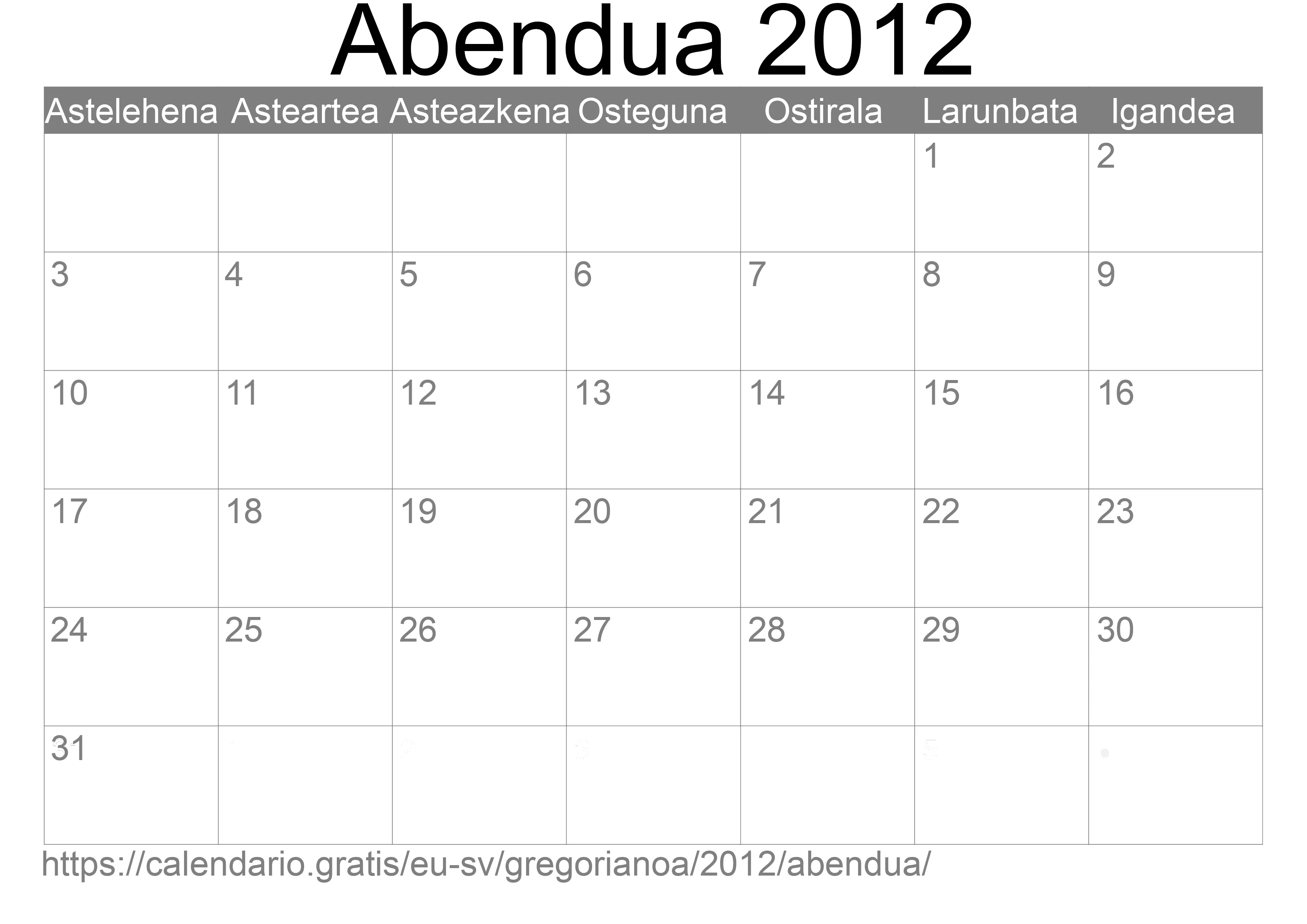 2012ko Abendua egutegia inprimatzeko (El Salvador)