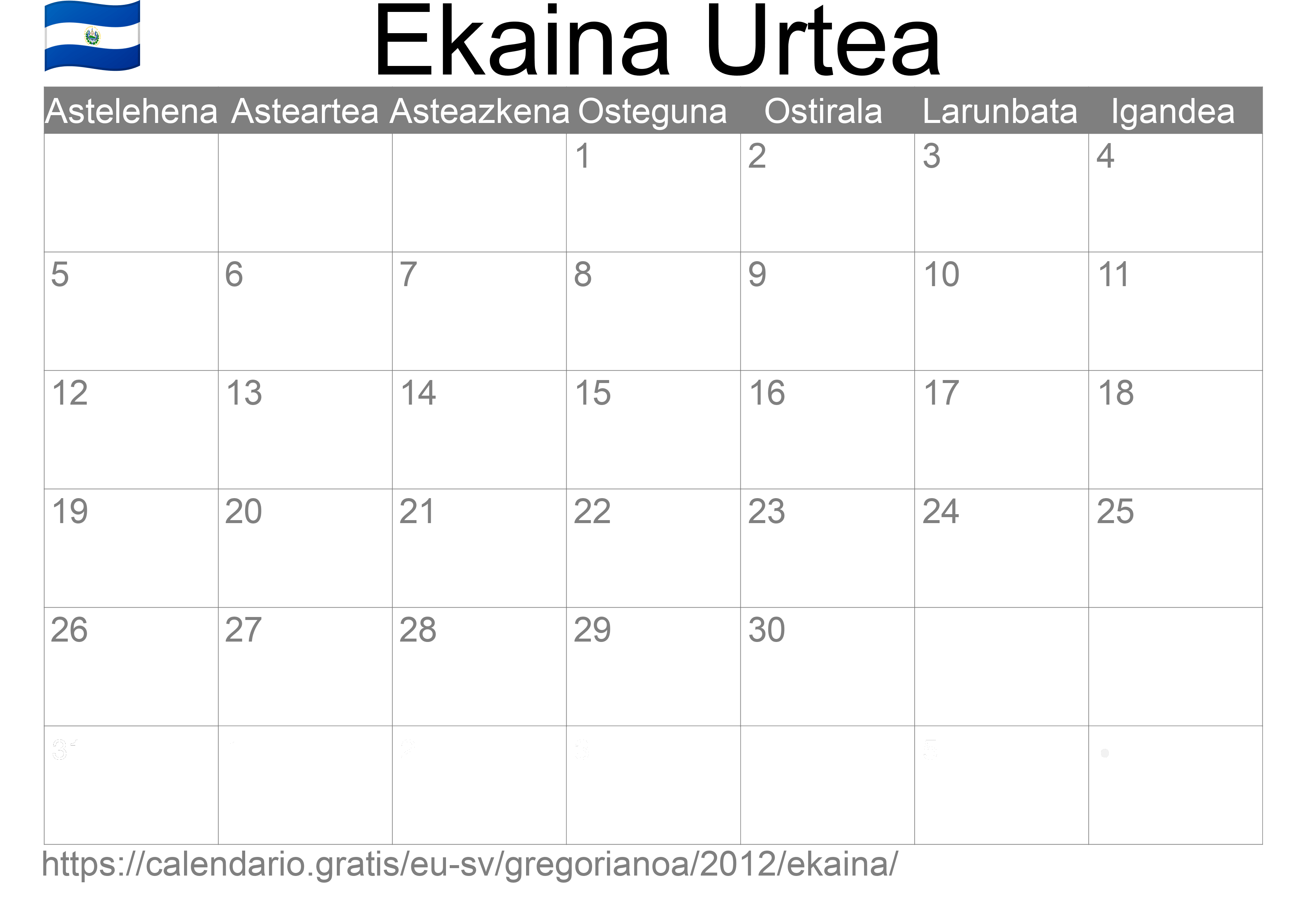 2012ko Ekaina egutegia inprimatzeko