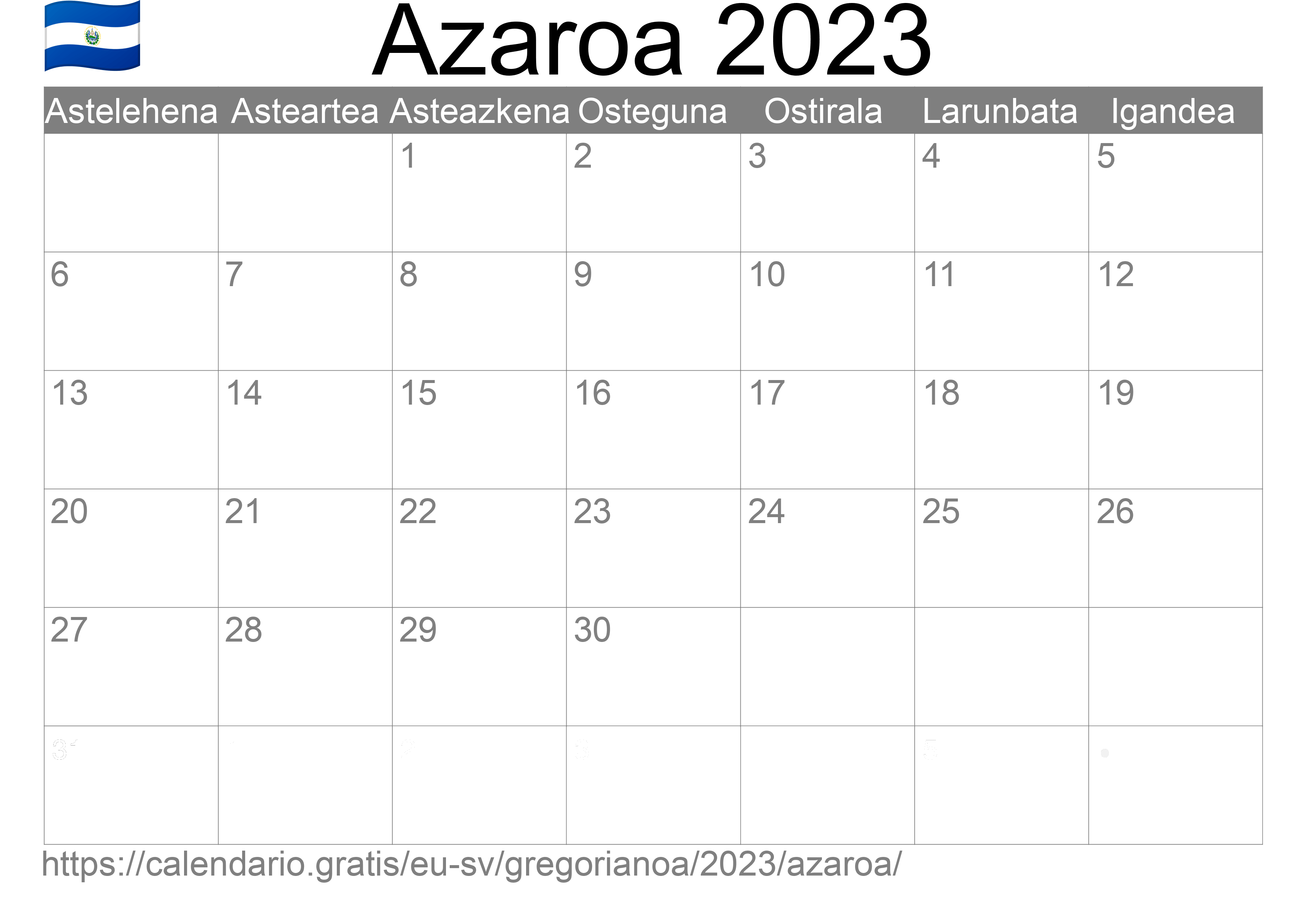 2023ko Azaroa egutegia inprimatzeko