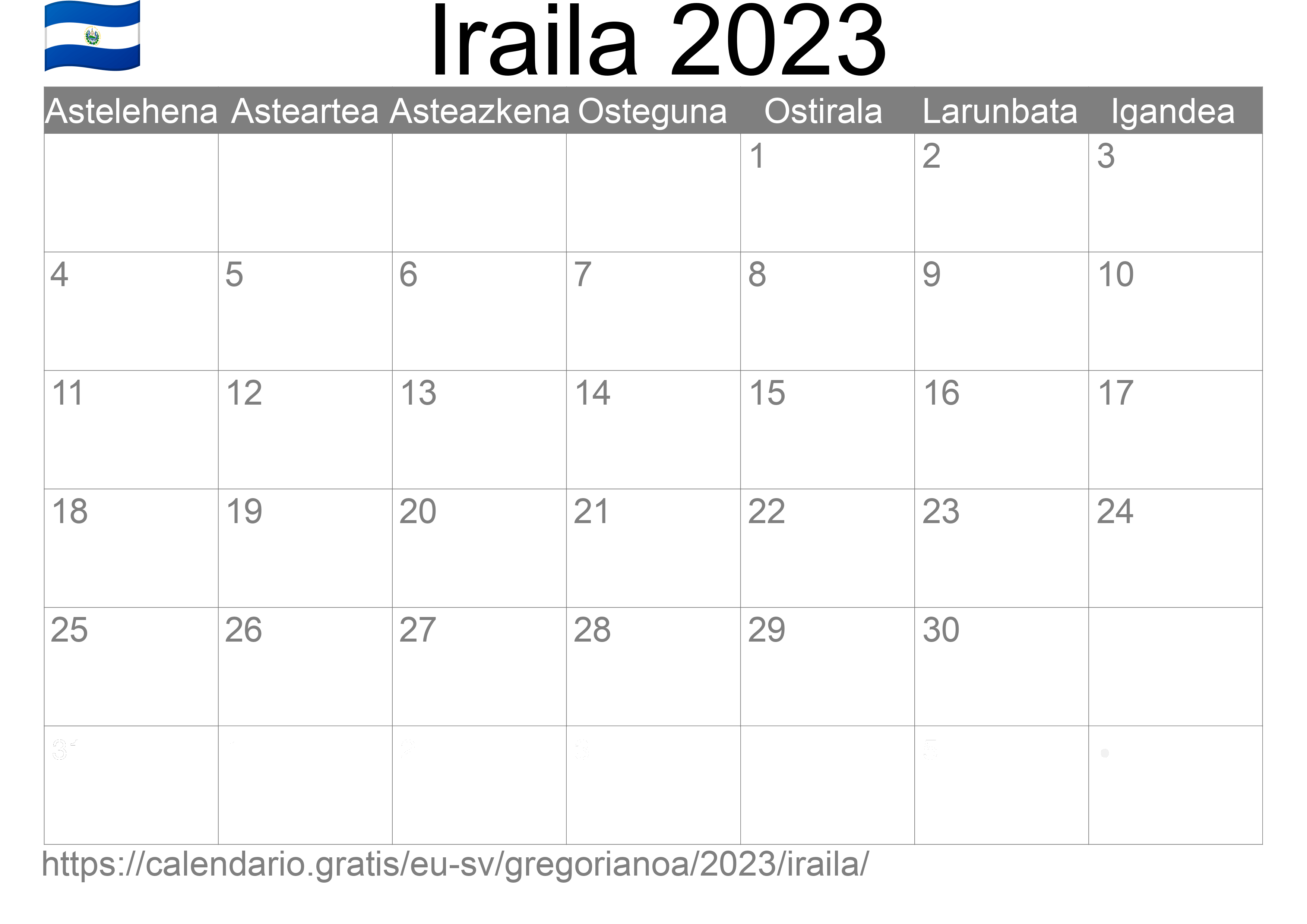 2023ko Iraila egutegia inprimatzeko