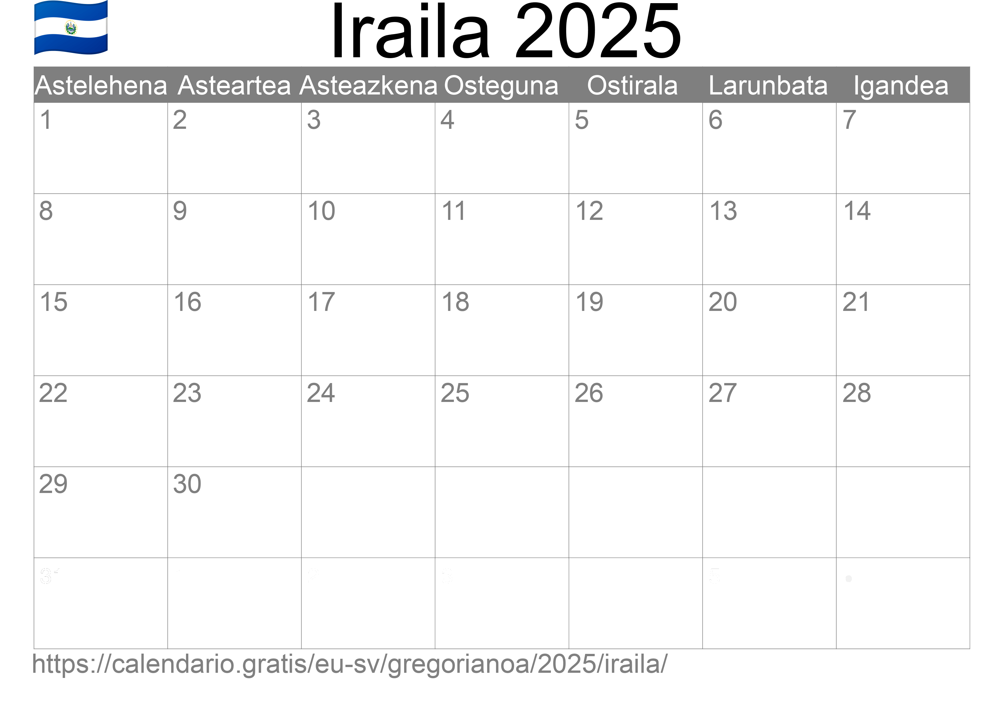 2025ko Iraila egutegia inprimatzeko