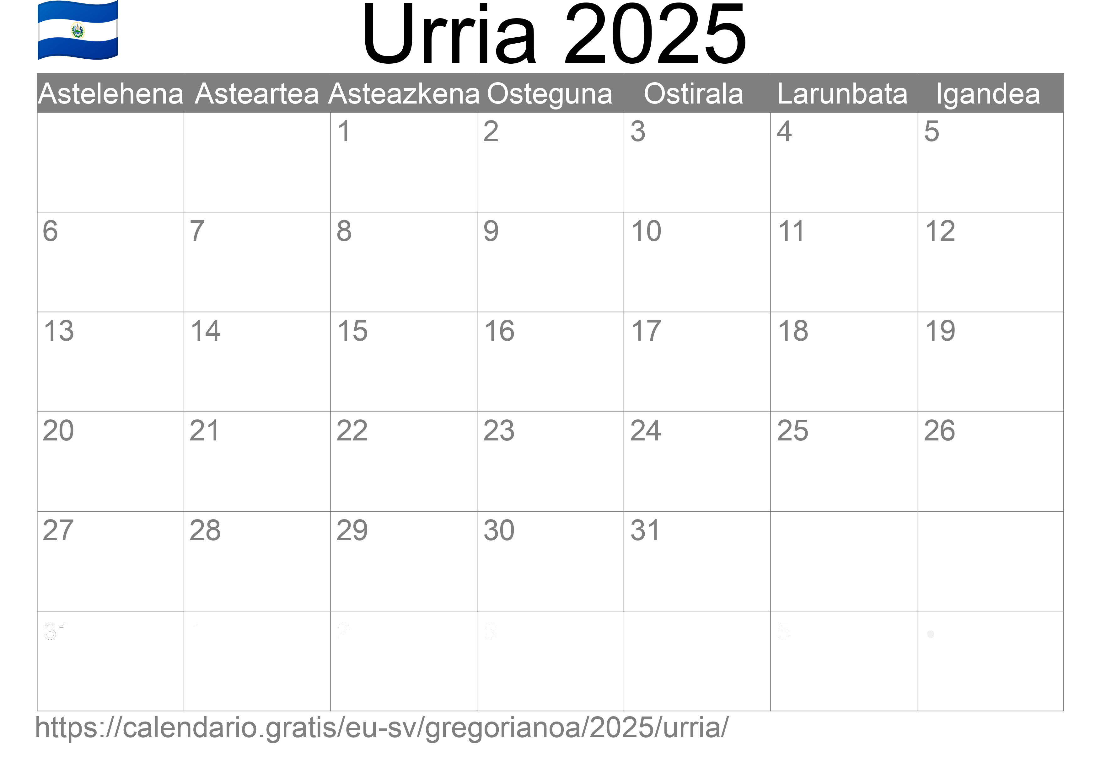 2025ko Urria egutegia inprimatzeko