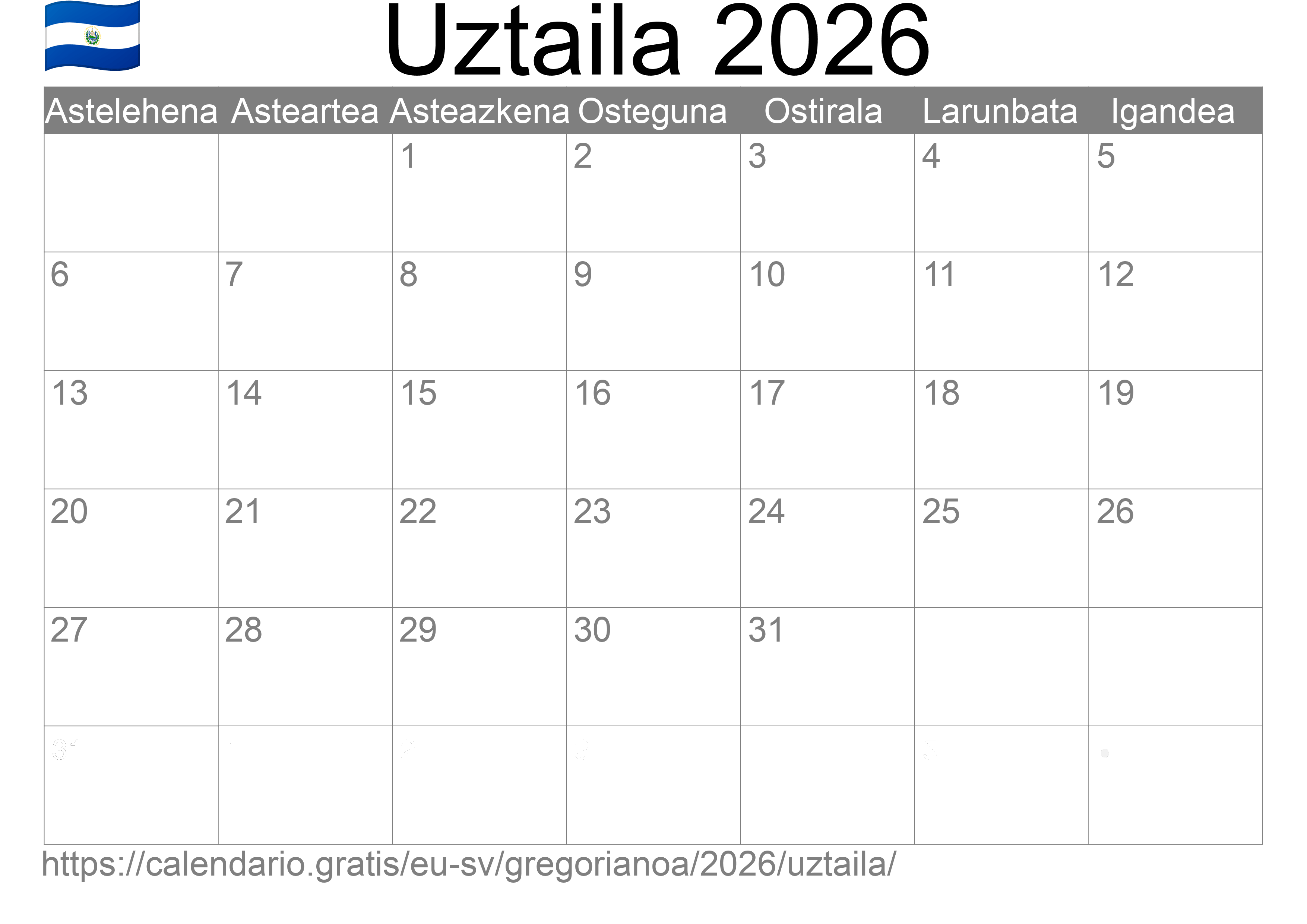 2026ko Uztaila egutegia inprimatzeko