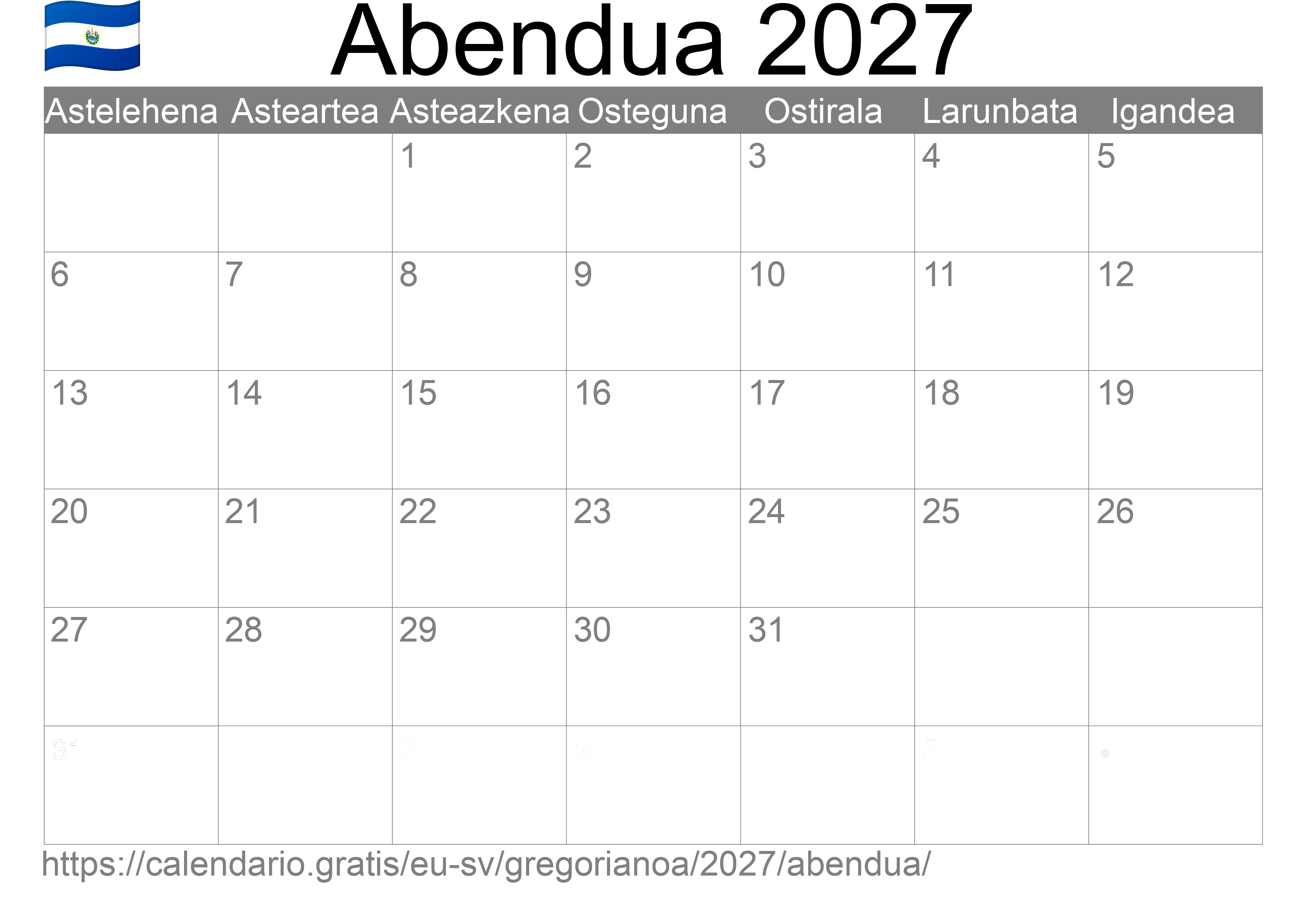 2027ko Abendua egutegia inprimatzeko