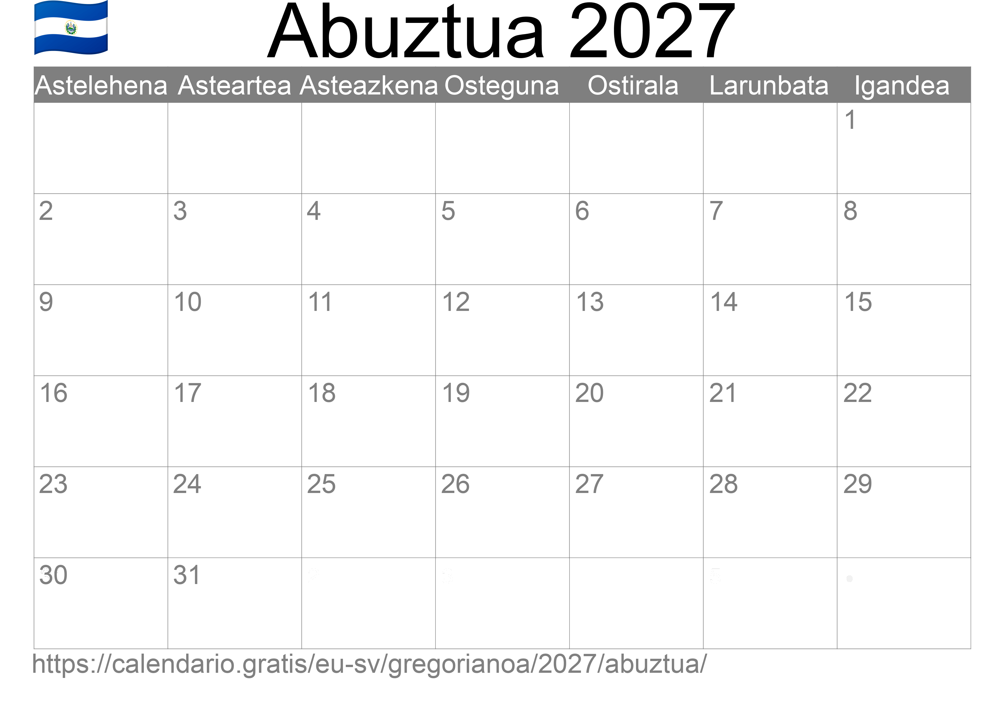 2027ko Abuztua egutegia inprimatzeko