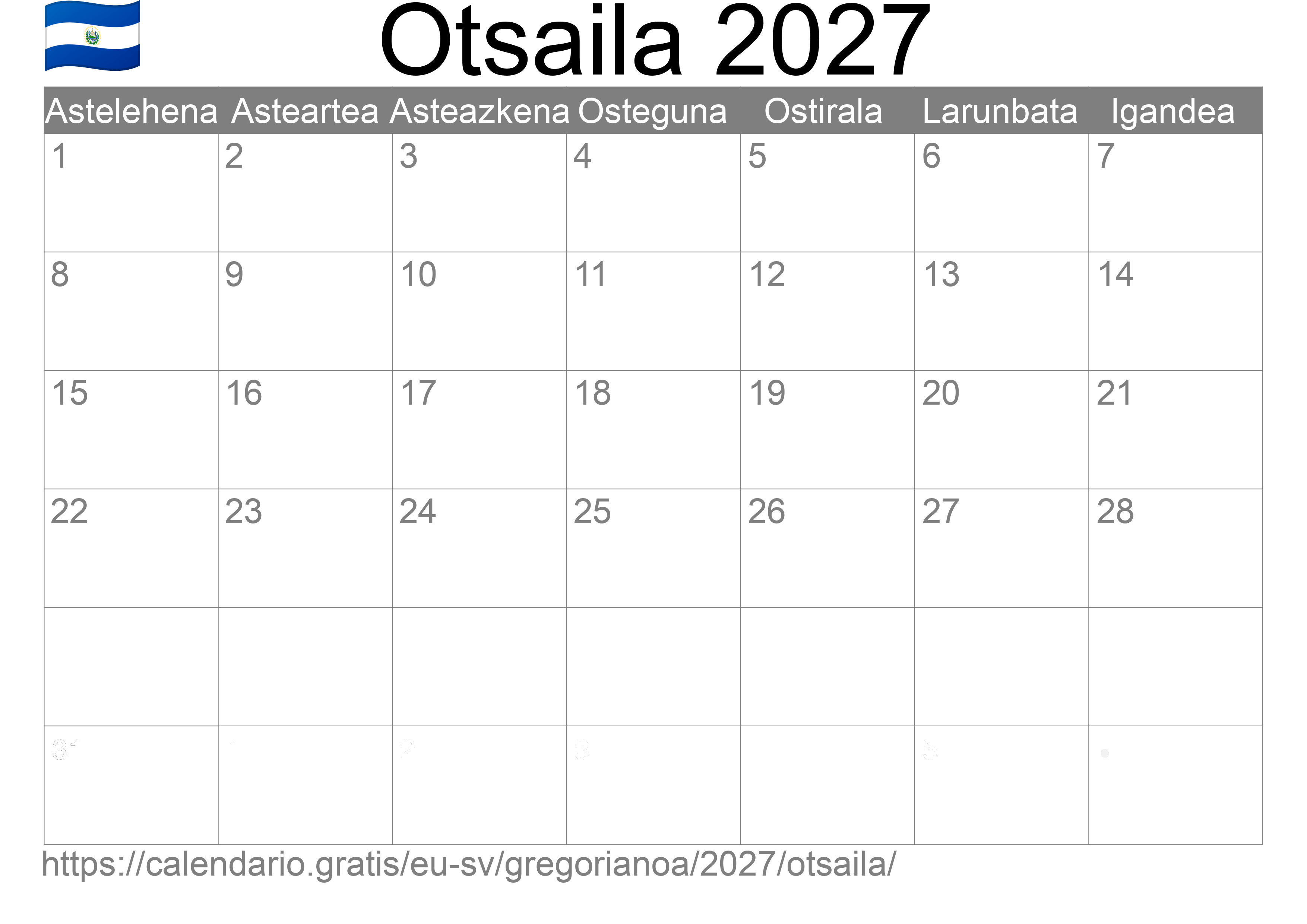 2027ko Otsaila egutegia inprimatzeko