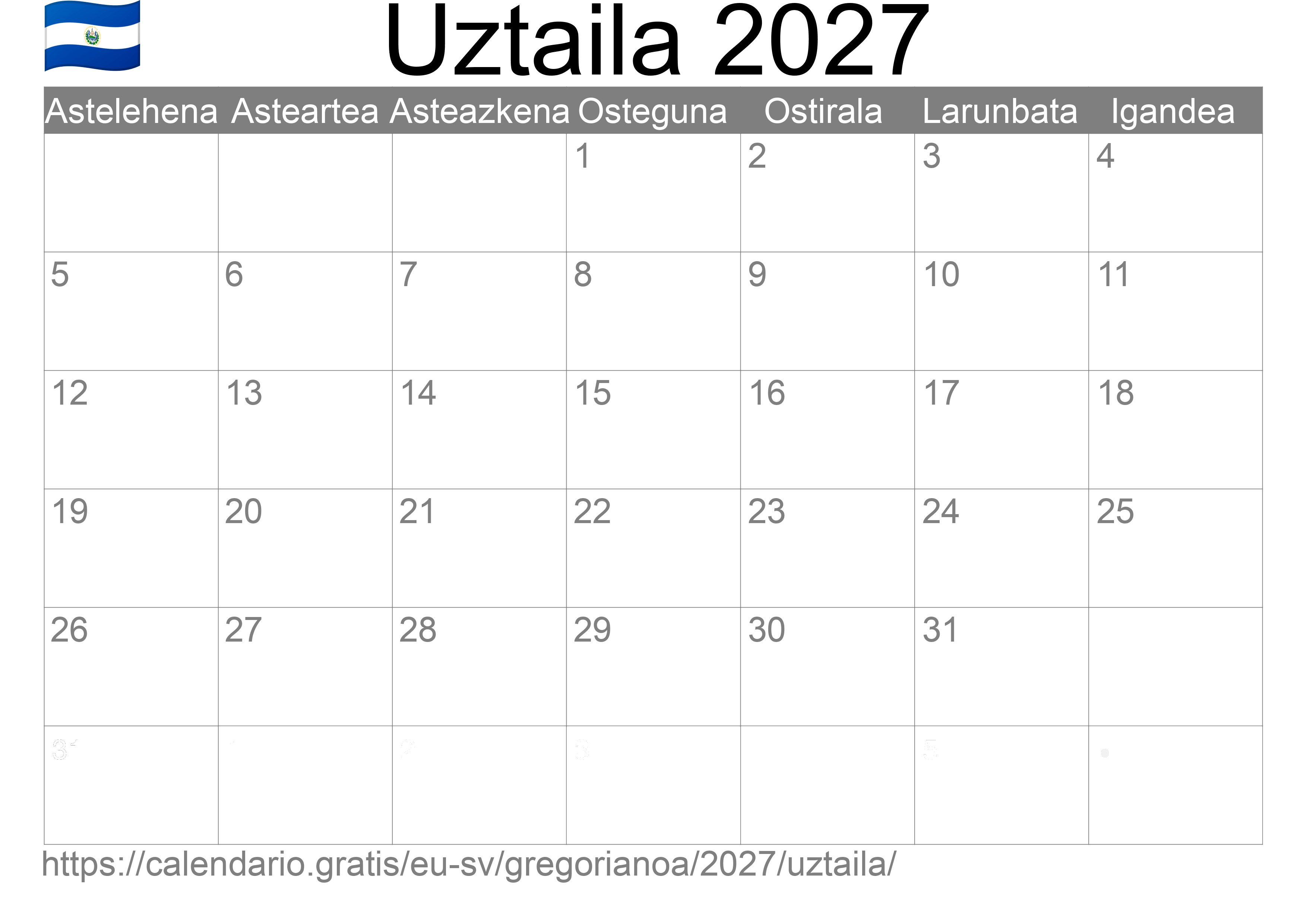 2027ko Uztaila egutegia inprimatzeko