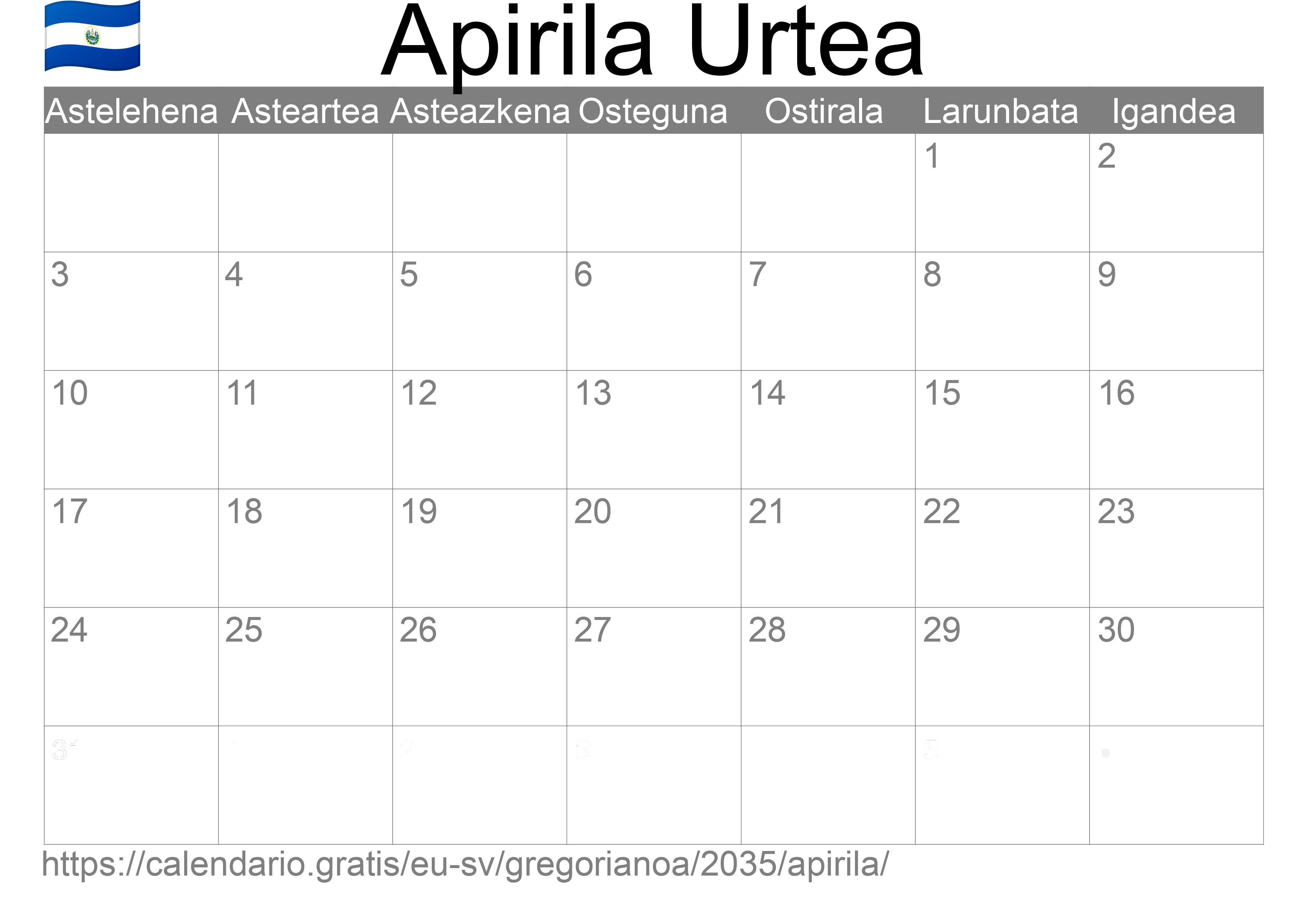 2035ko Apirila egutegia inprimatzeko