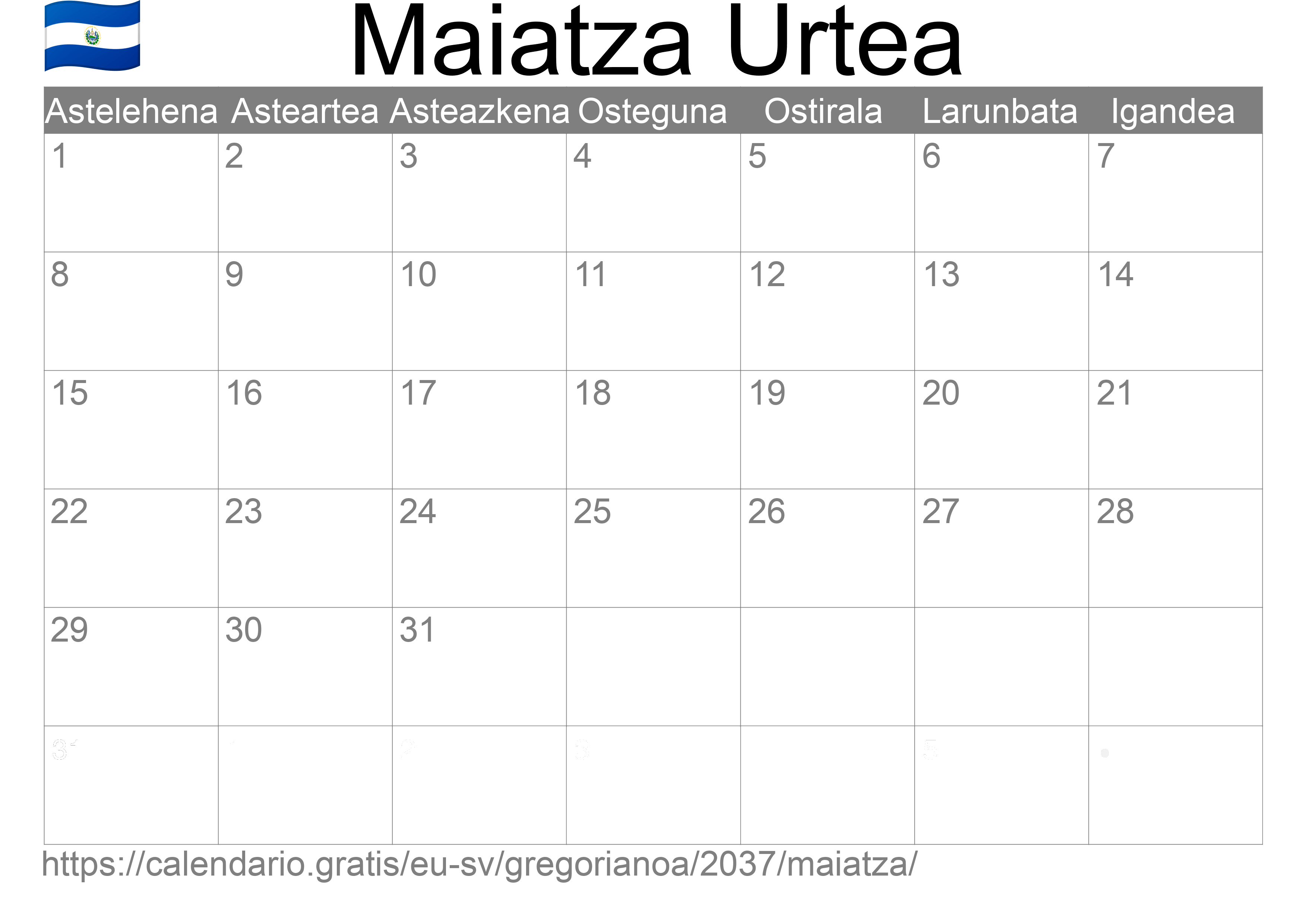 2037ko Maiatza egutegia inprimatzeko