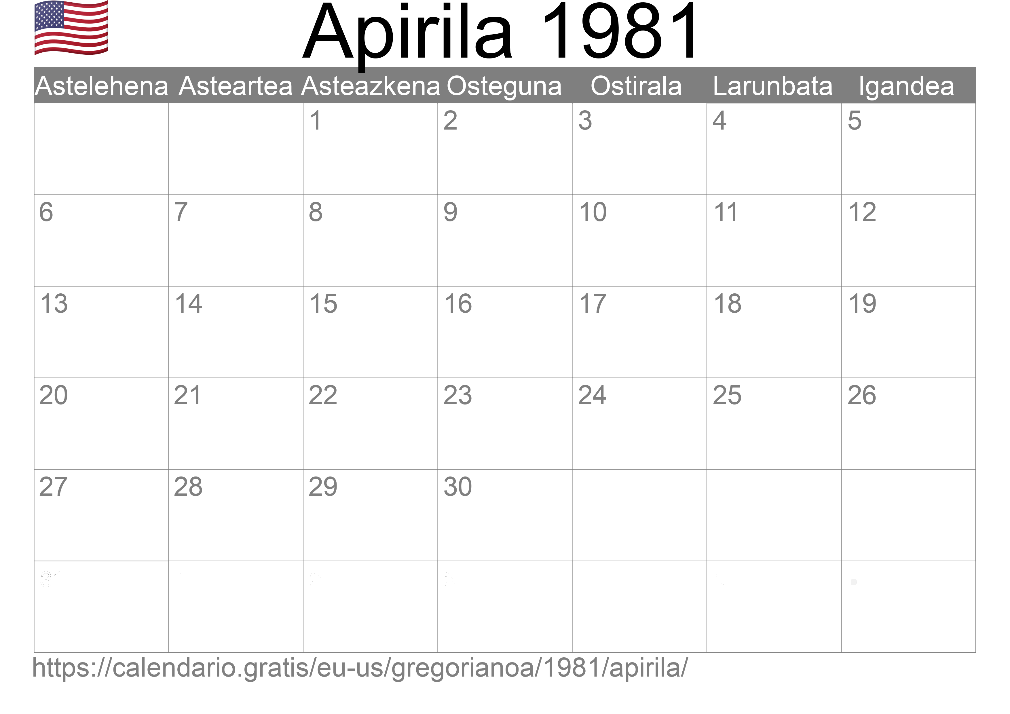 1981ko Apirila egutegia inprimatzeko