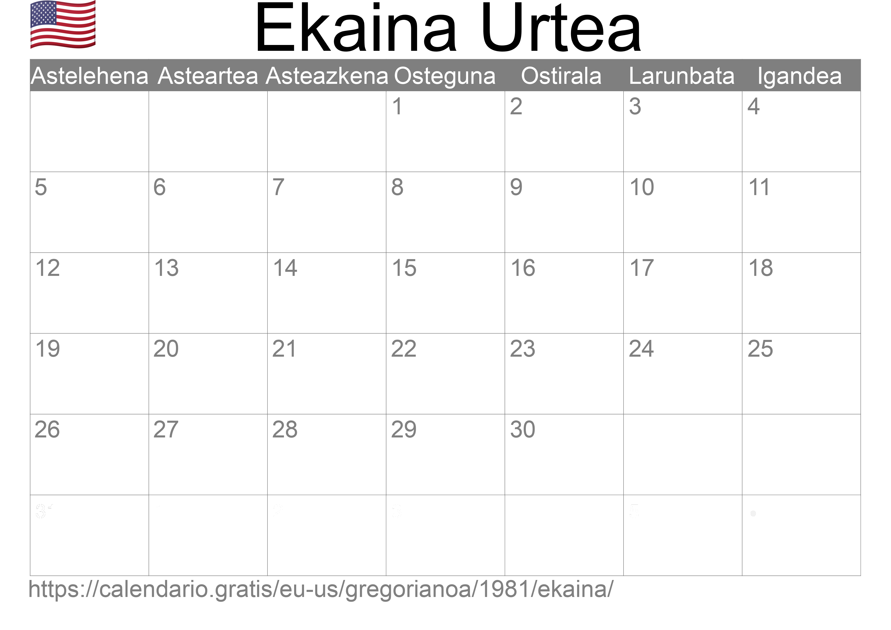 1981ko Ekaina egutegia inprimatzeko