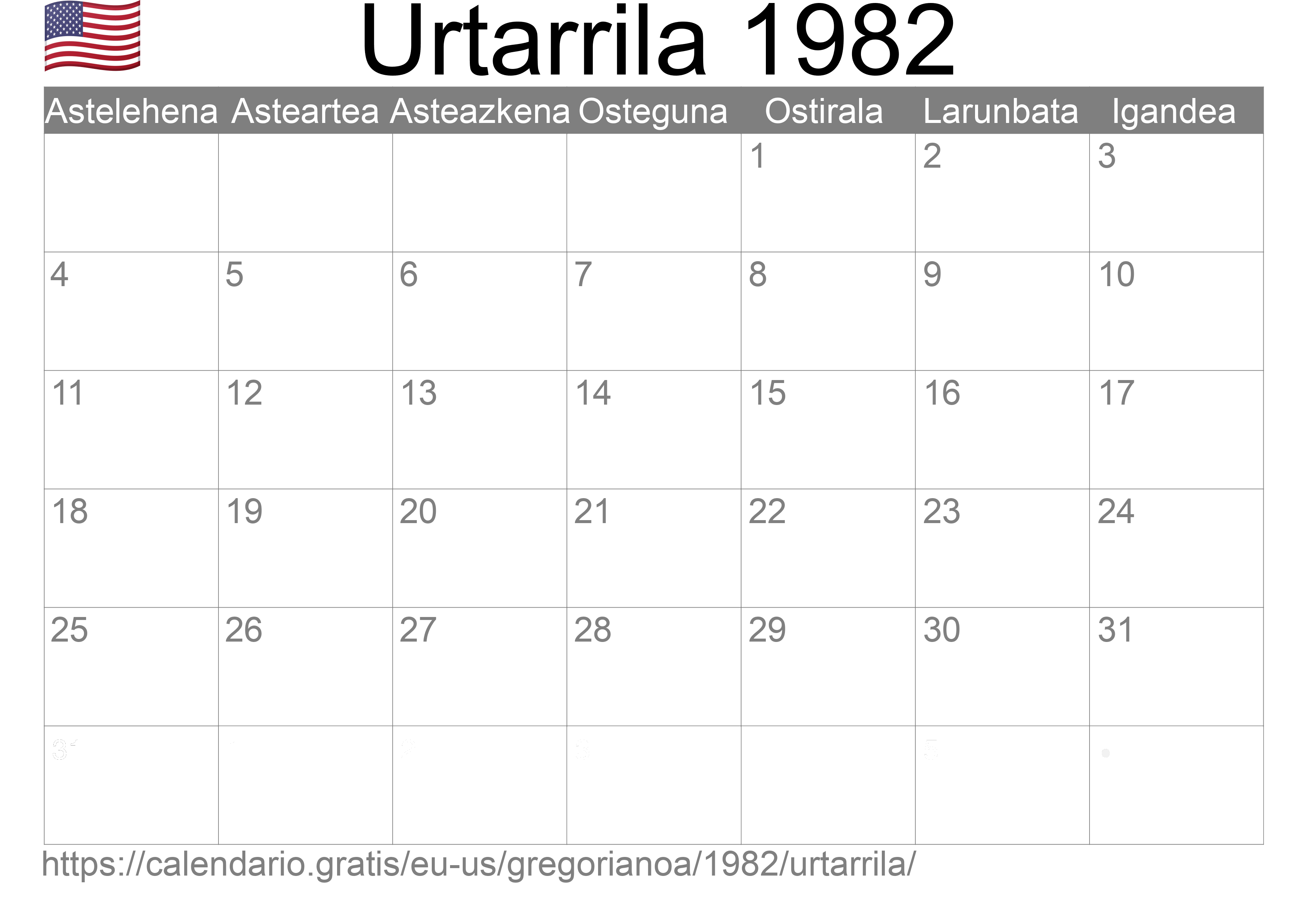 1982ko Urtarrila egutegia inprimatzeko