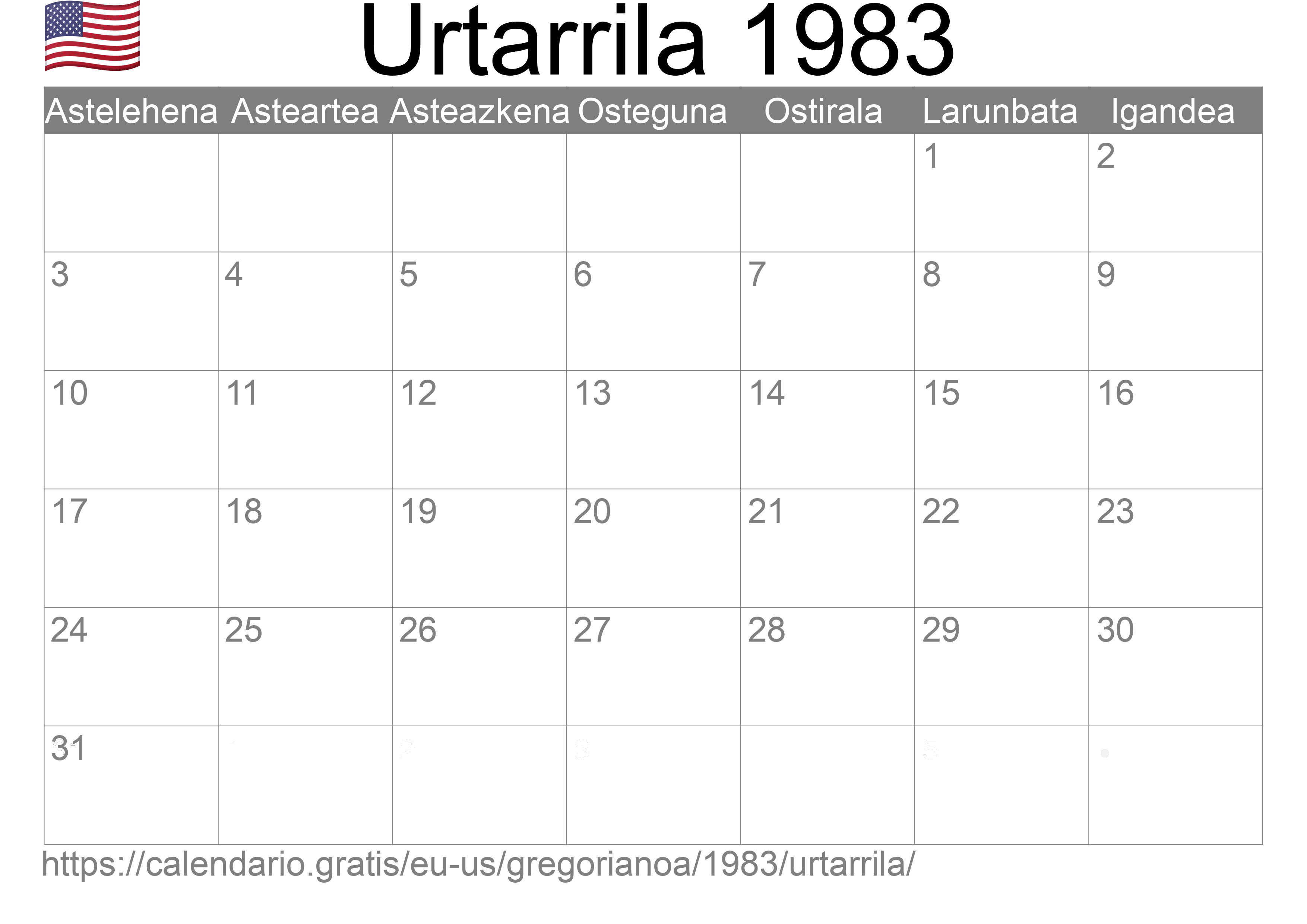 1983ko Urtarrila egutegia inprimatzeko