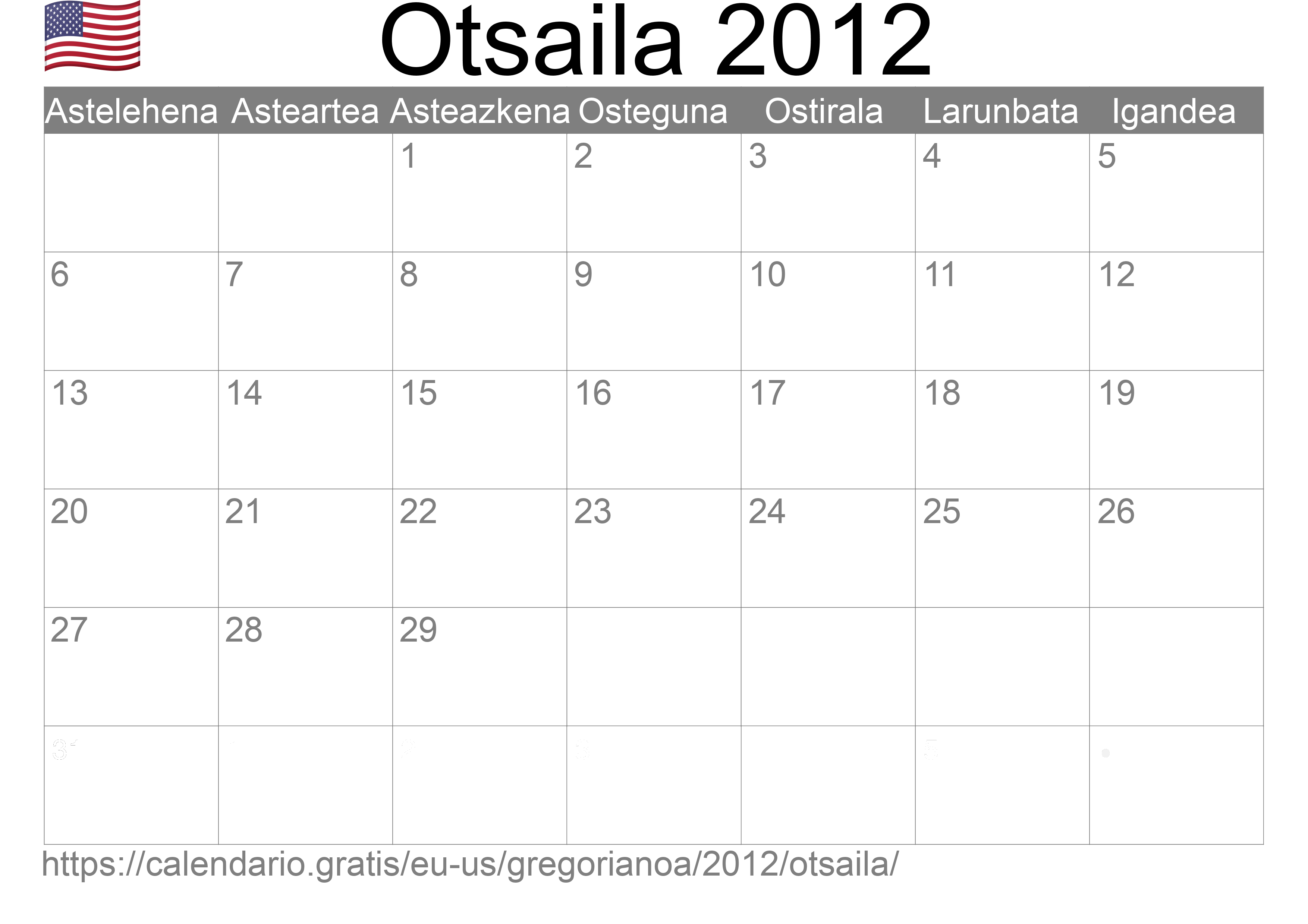 2012ko Otsaila egutegia inprimatzeko