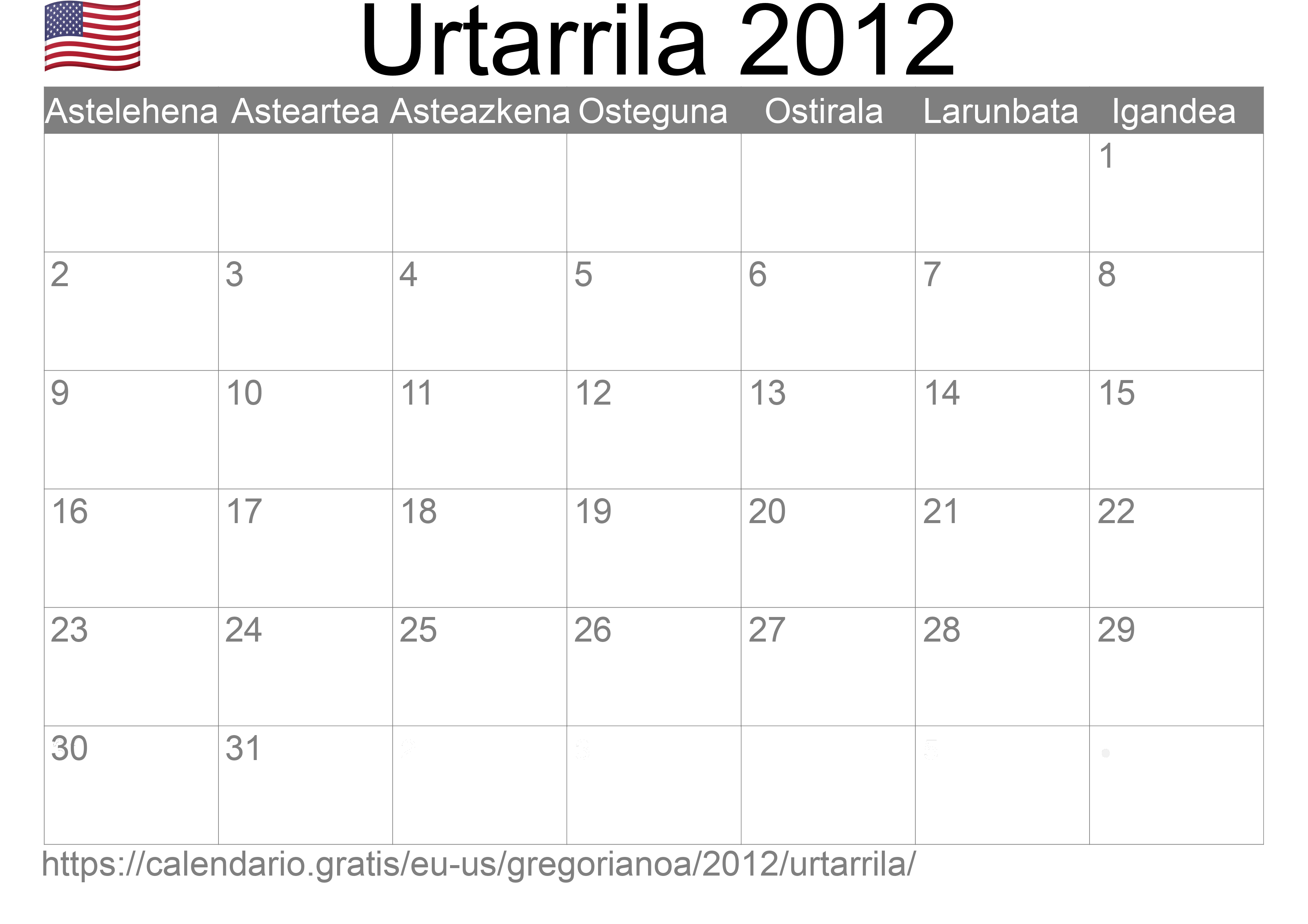 2012ko Urtarrila egutegia inprimatzeko