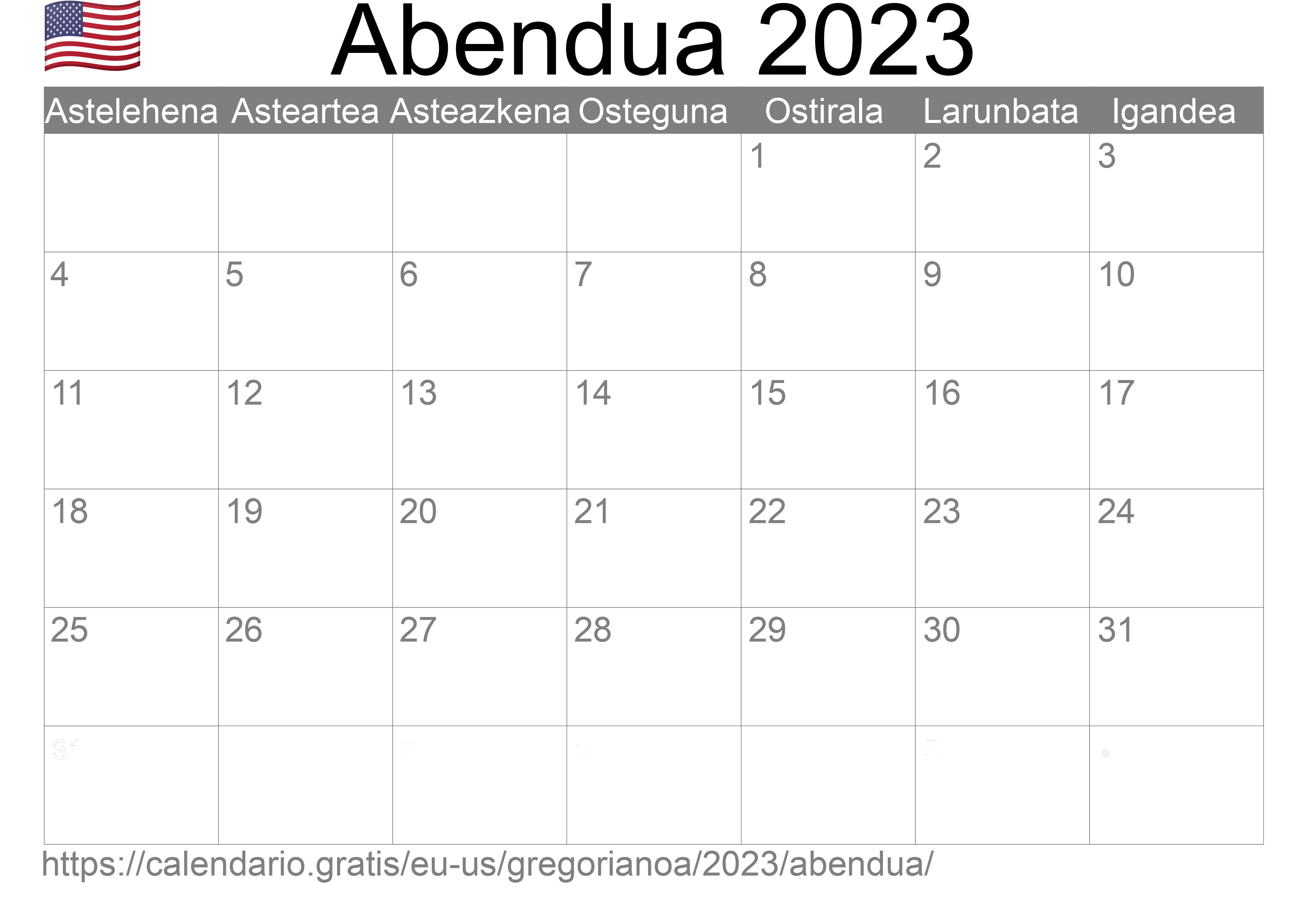 2023ko Abendua egutegia inprimatzeko