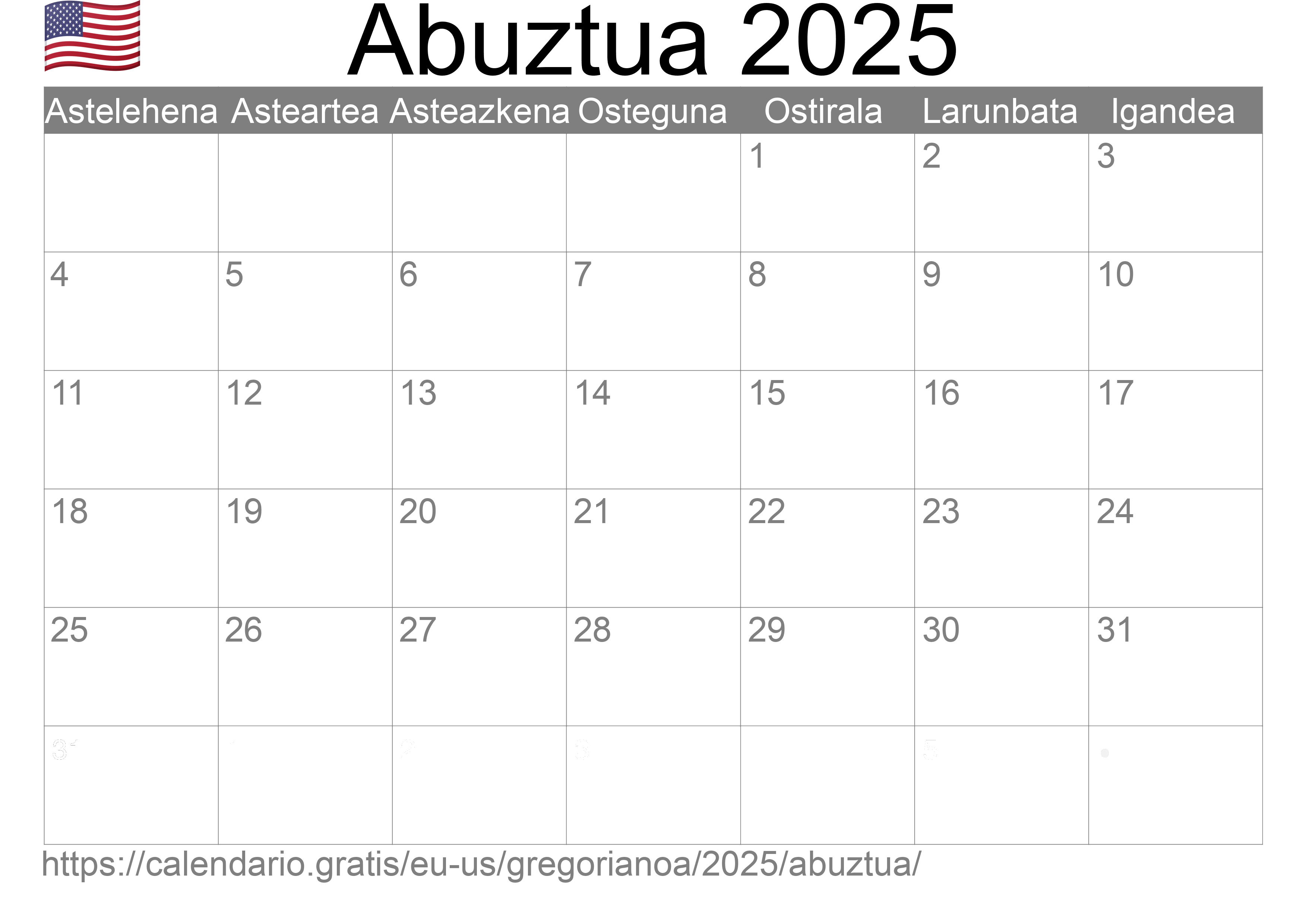 2025ko Abuztua egutegia inprimatzeko