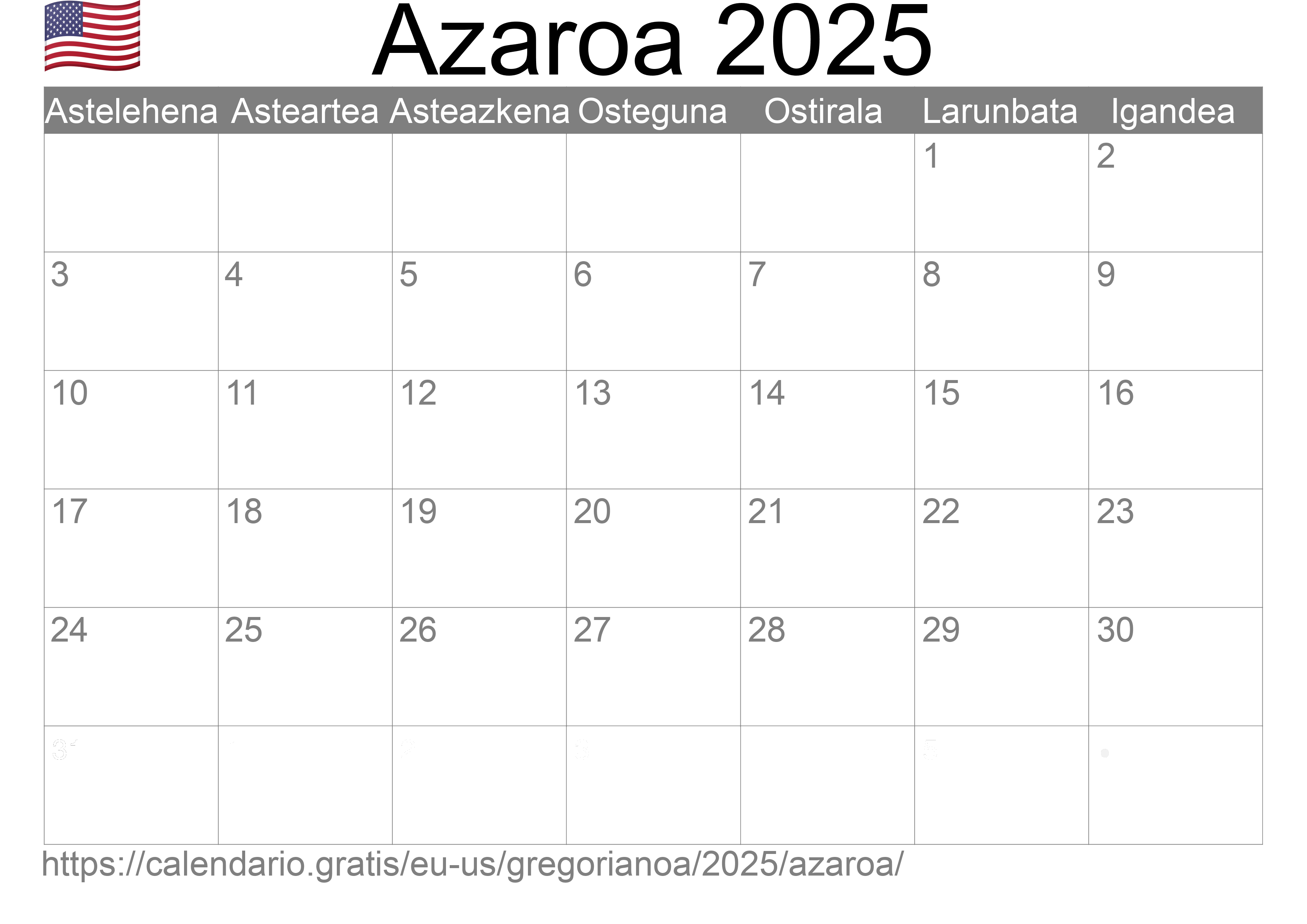 2025ko Azaroa egutegia inprimatzeko