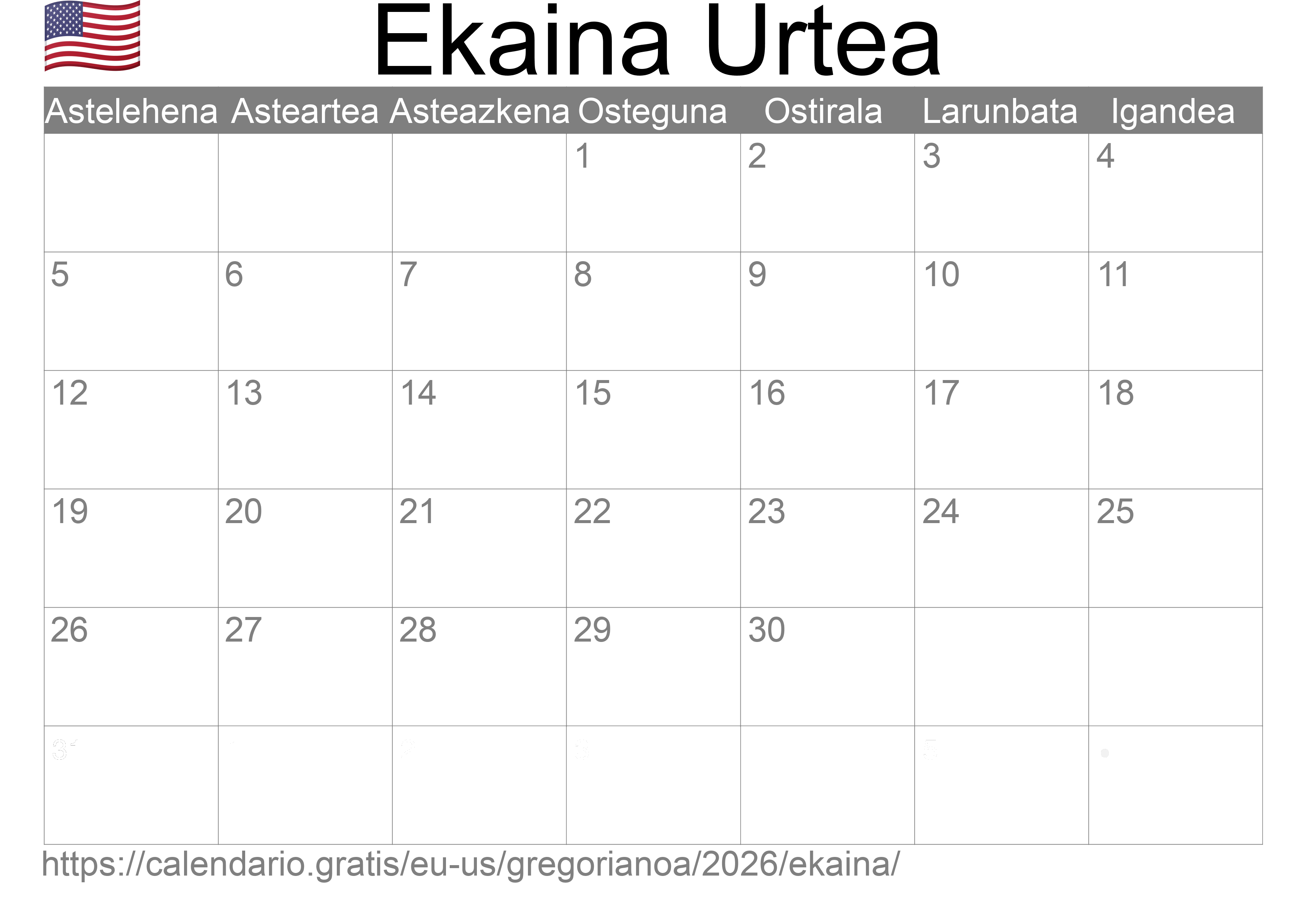 2026ko Ekaina egutegia inprimatzeko