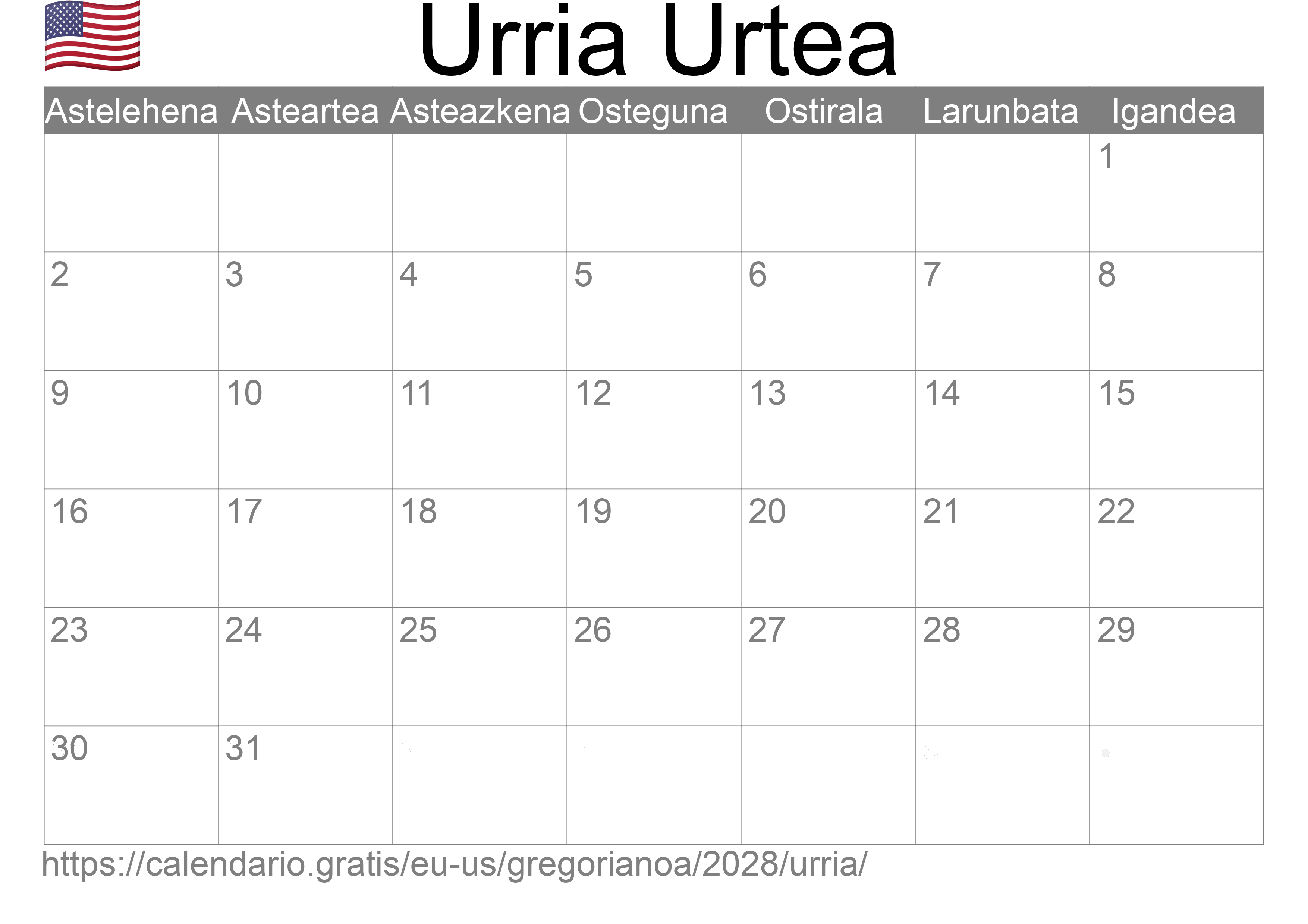 2028ko Urria egutegia inprimatzeko