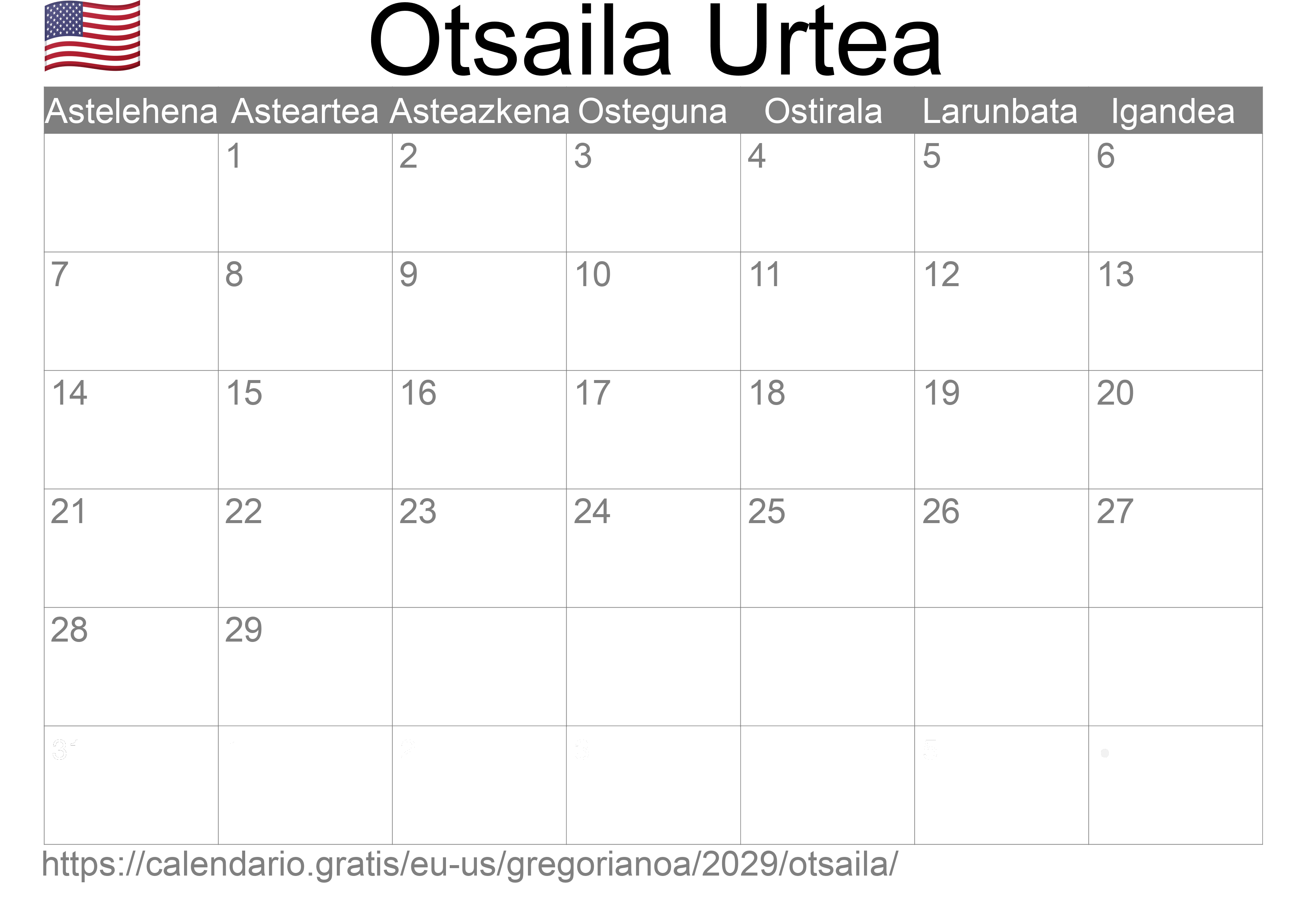 2029ko Otsaila egutegia inprimatzeko