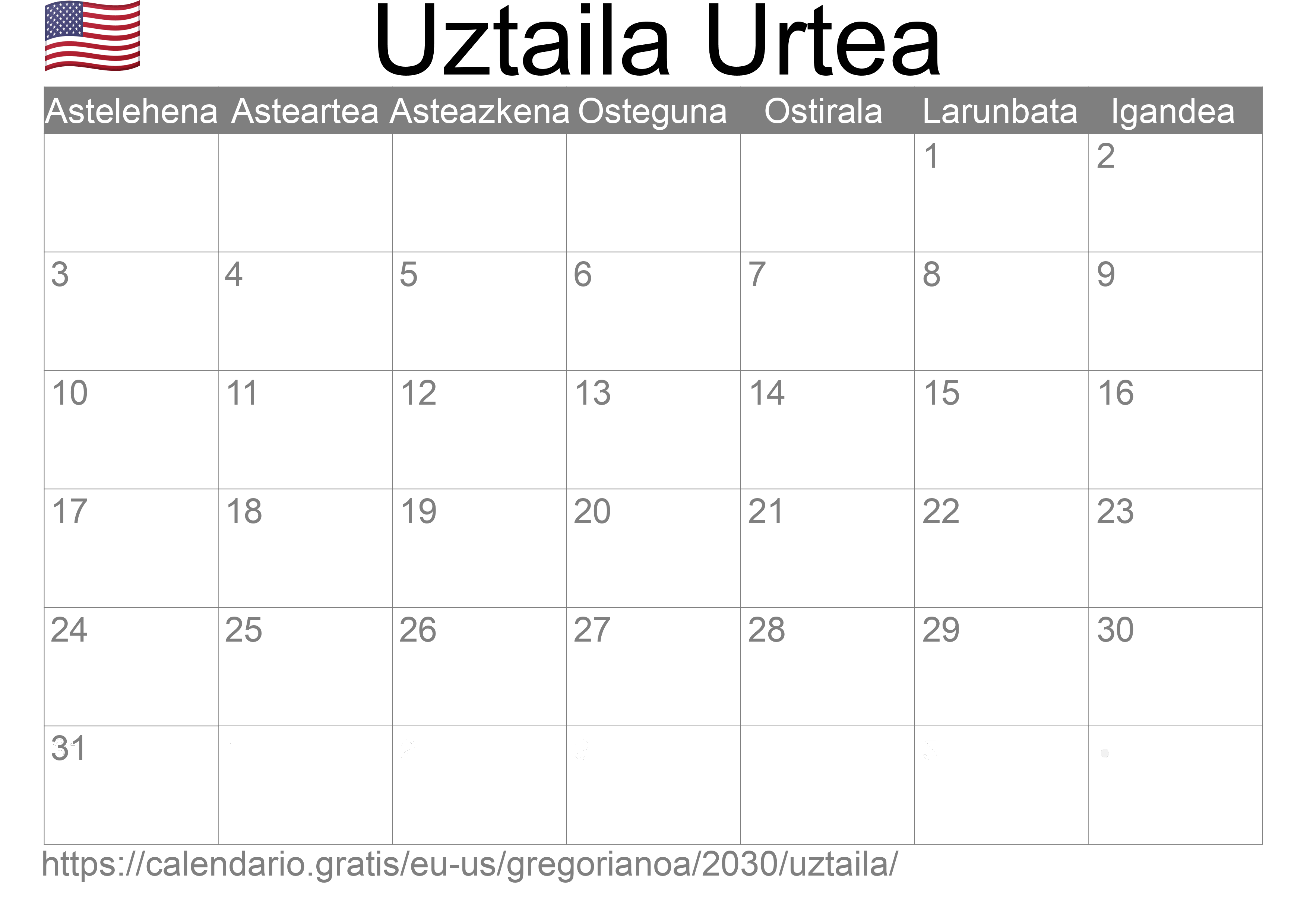 2030ko Uztaila egutegia inprimatzeko