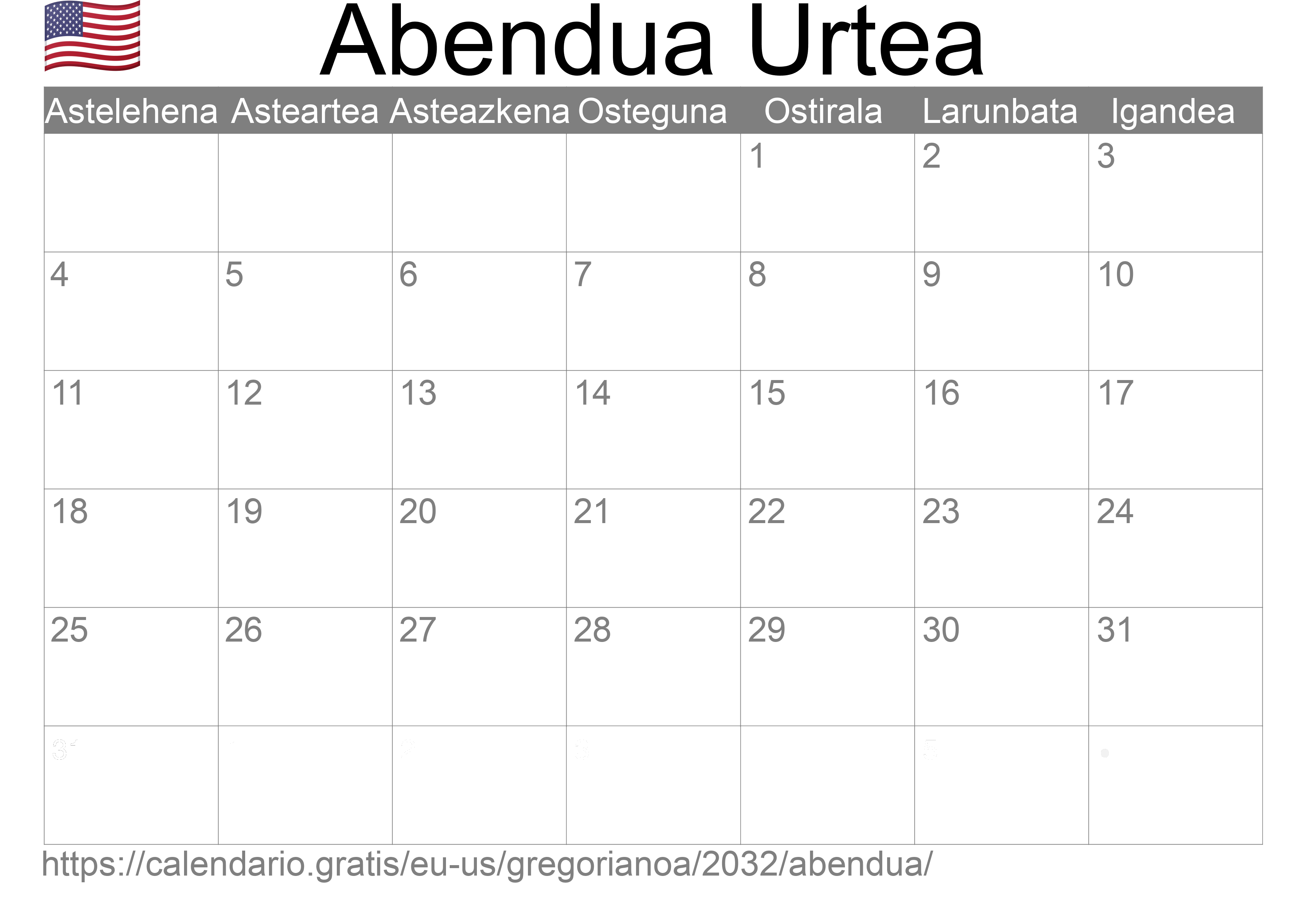 2032ko Abendua egutegia inprimatzeko