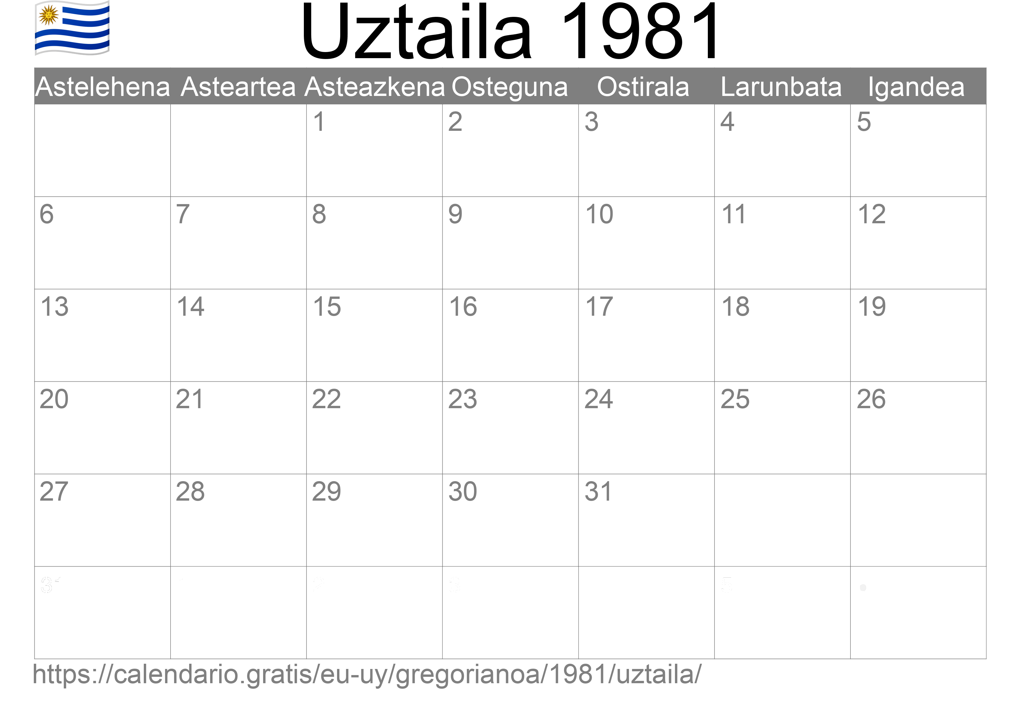 1981ko Uztaila egutegia inprimatzeko